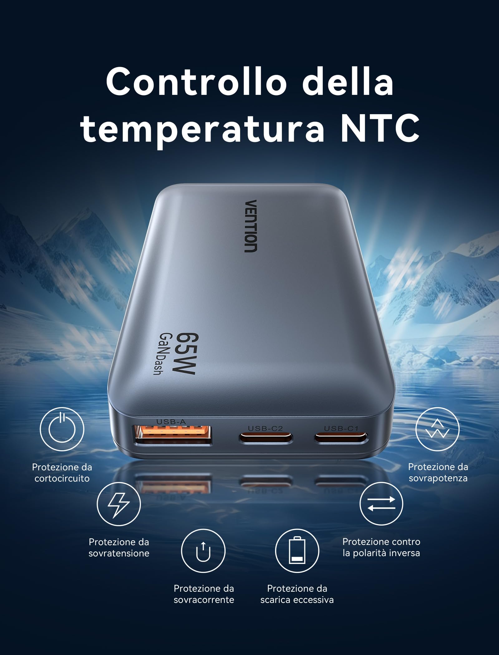 VENTION Caricatore USB C da 65 W, alimentatore GaN, 3 porte, ultra sottile, con spina EU/UK/US, caricatore da viaggio internazionale compatibile con MacBook, iPad, iPhone 16/15/14, Galaxy S25/S24