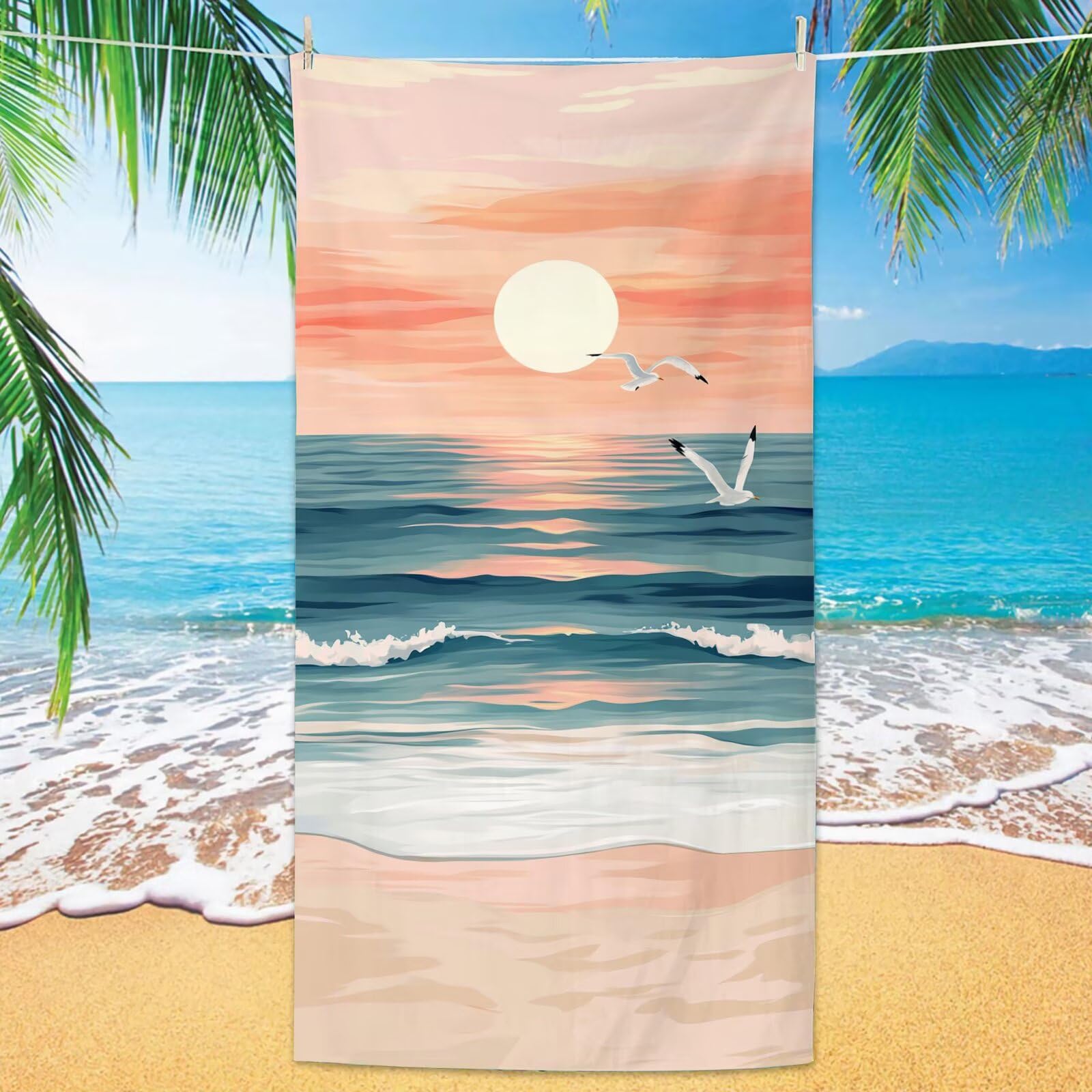 Telo Mare Microfibra 100x220cm Spiaggia Telo Mare 2 Set Tramonto，Antisabbia，Leggero，Assorbente Asciugatura Rapida Morbido e Resistente， per Spiaggia，Piscina，Viaggio，Yoga YJ-875