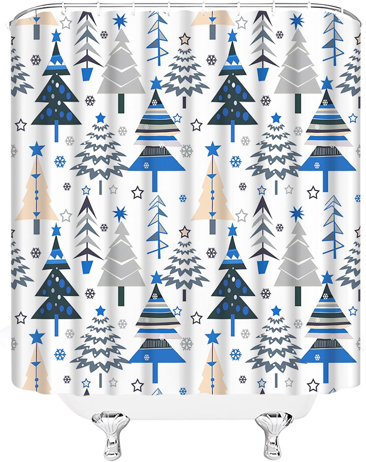 Christmas Tree Shower Curtain Xmas Pine Trees Winter Snowflake New Year Holiday Minimalist,Blue White,70" Wx84 H Fabric Bathroom Decor Curtain with Hooks
