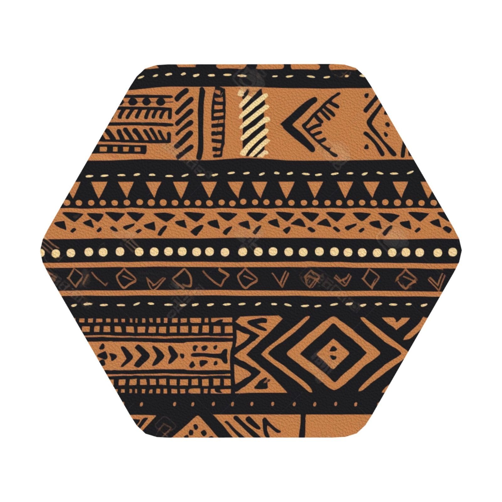 African Mud Cloth Tribal Print Leather Coaster Set of 6, Hexagon Coasters Table Decorative Coffee Cup Beverage Coasters Wine Beer Bar Coasters for Hot Drinks Table Protection