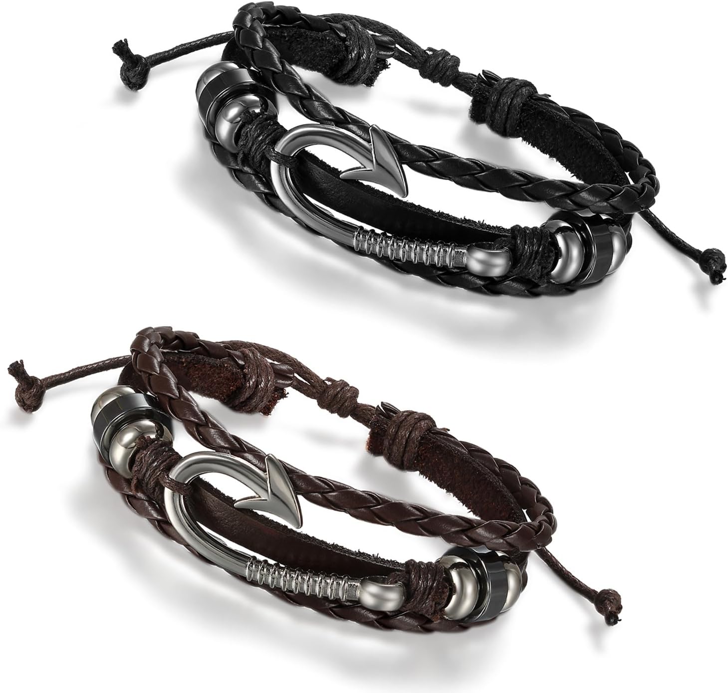 Men's Womens 2PCS Tribal Nautical Fish Hook Leather Wrap Bangle Cuff Bracelet, Fit 8-10 inch Wrist, Braided Wrap Rope Wristband for Men Women