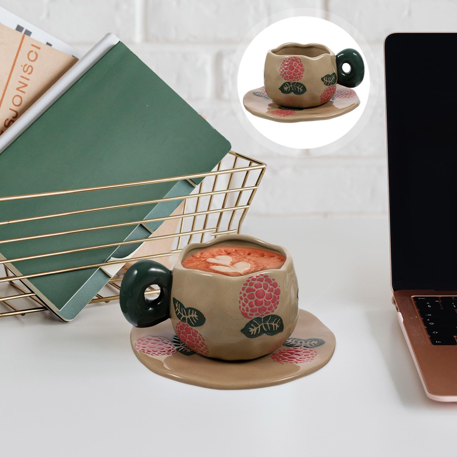 Set de Tasse à Café Vintage en Céramique Couleur Café avec Soucoupe, Design Créatif Simple, pour Boissons Gazeuses et Cocktails, 1 Set pour Moments Personnels