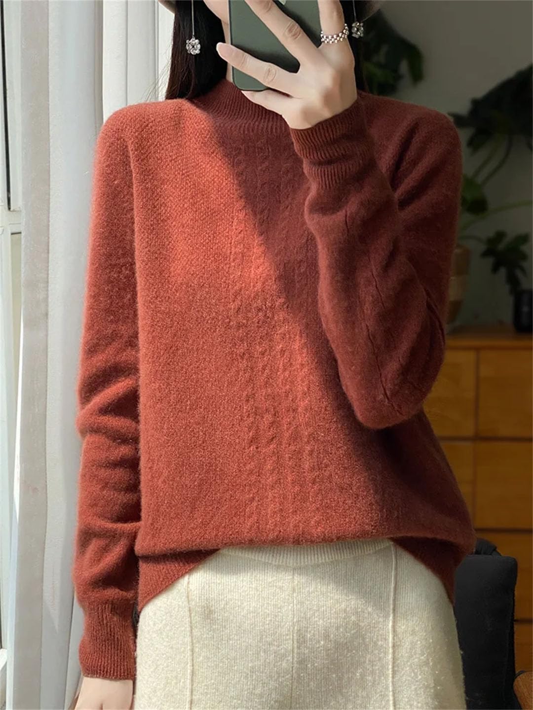 Maglione da donna a collo alto, in lana merino, a maniche lunghe, in cashmere