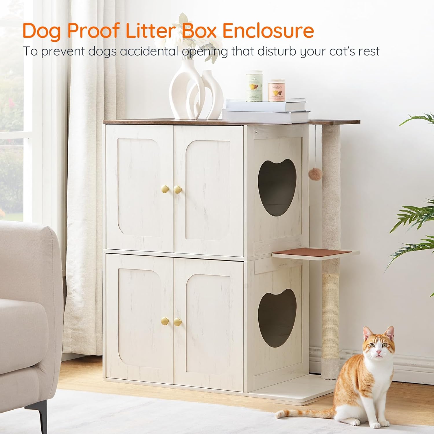 HOOBRO 2-Tier Cat Litter Box Enclosure, Dog Proof Double Litter Box Cabinet with Teaser Ball, 2 in 1 Hide Litter Box with Sisal Post, Cat House with 2 Love Entrances, Cloud White and Walnut WH26MW01