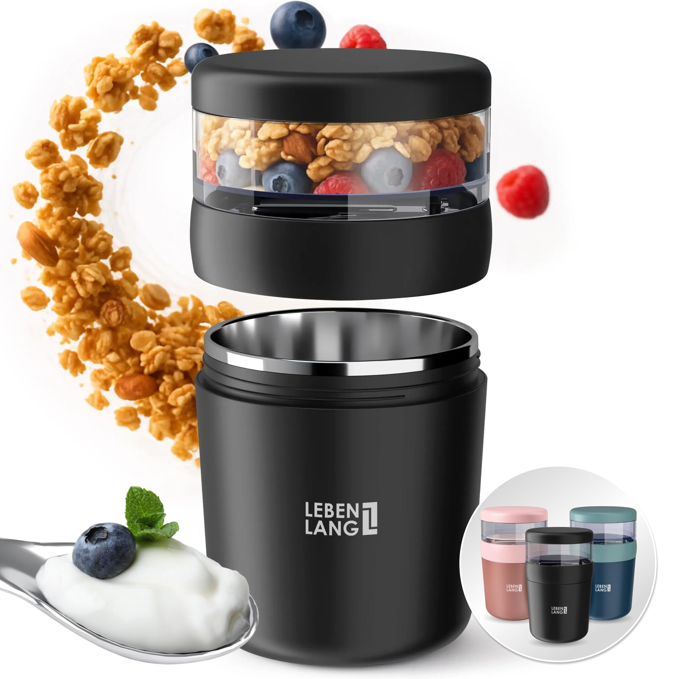 LEBENLANG Müslibecher To Go mit Löffel - Isolierende Edelstahlinnenwand & 650ml I Müsli Becher Go 500ml + 150ml Muesli 2go Becher Müslibecher-2-go Groß Schwarz Joghurt To Go Becher Porridge Crunch Cup