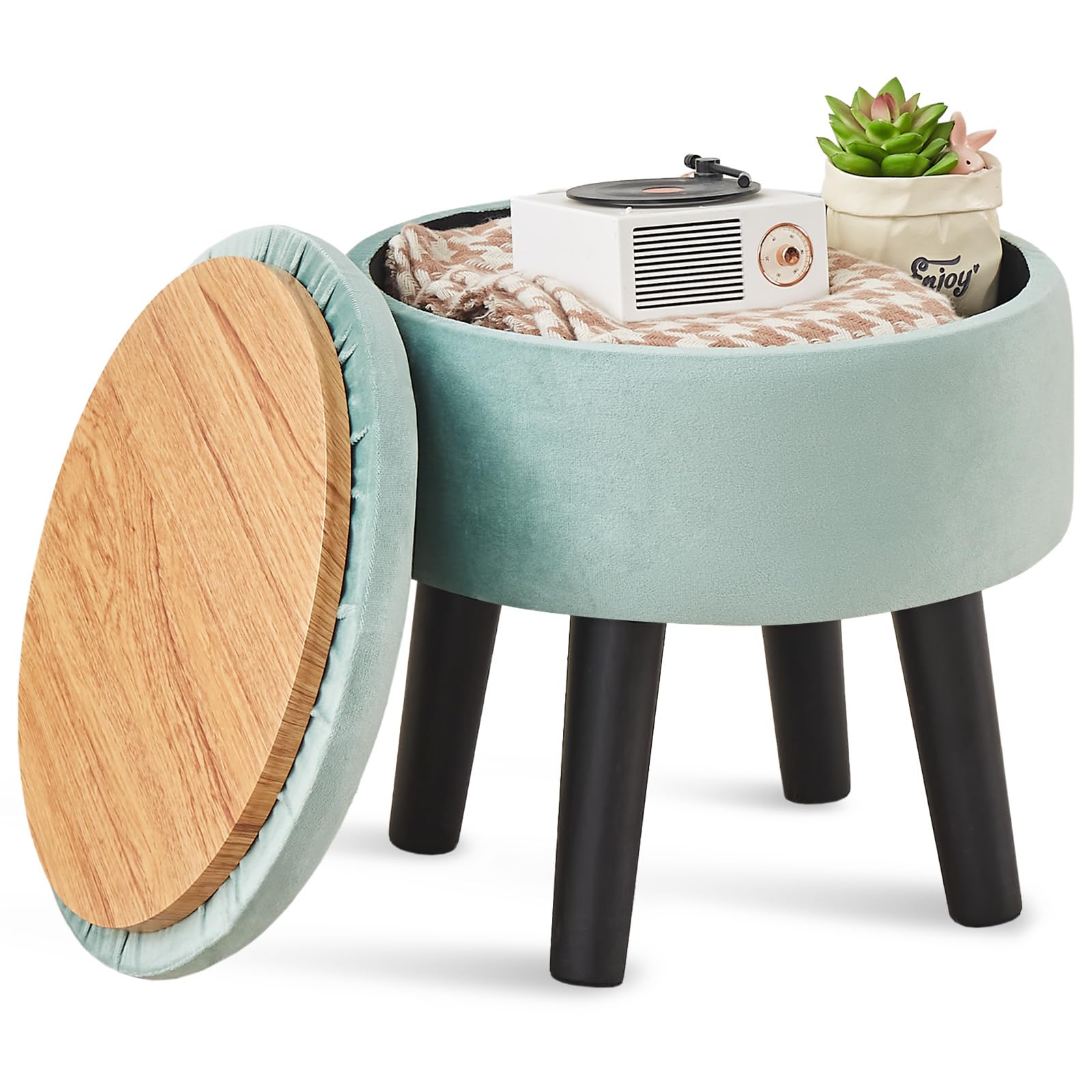 Cpintltr Storage Ottoman Footstool Round Footrest with Removable Lid Soft Padded Foot Stool with Solid Wood Legs Side Table Step Stool Extra Seating for Hallway Living Room Bedroom Entryway Green