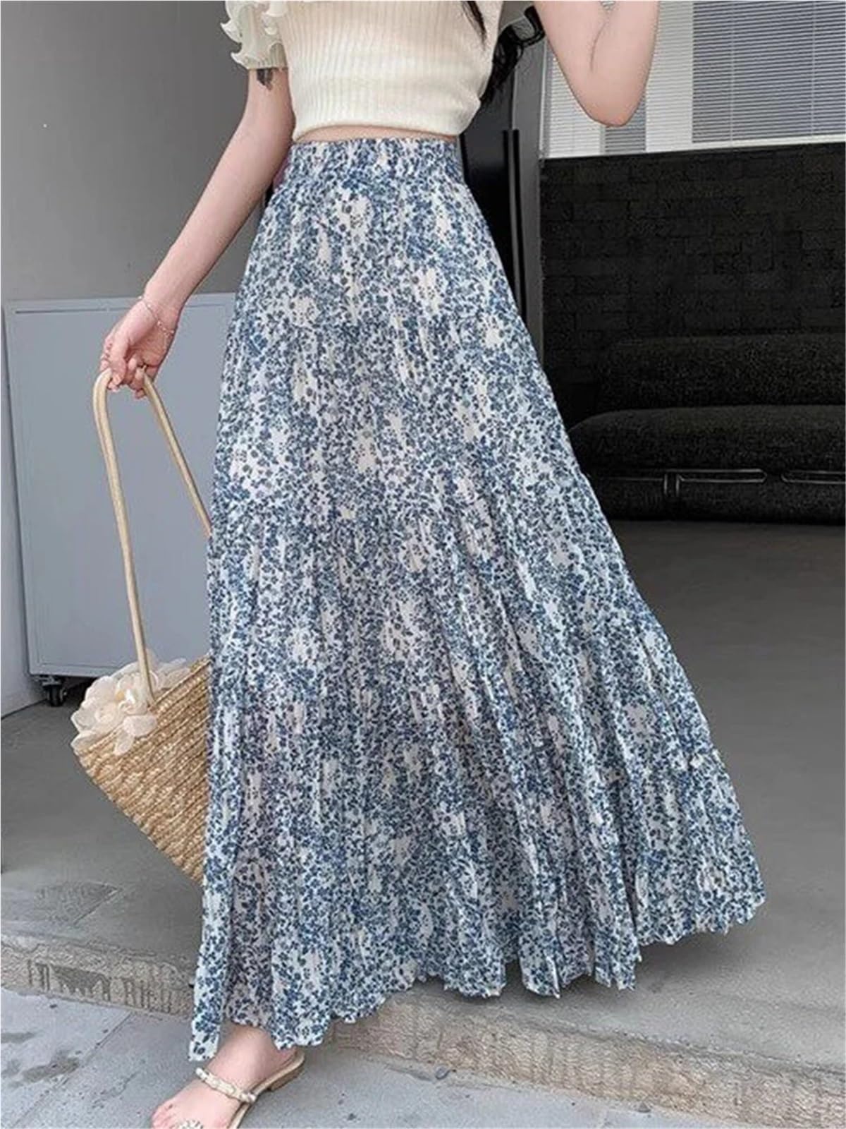 Falda Floral Falda Larga Floral de Gasa for Mujer, Faldas Cintura Alta, Plisada, Informal, Holgada, for Verano para Mujeres
