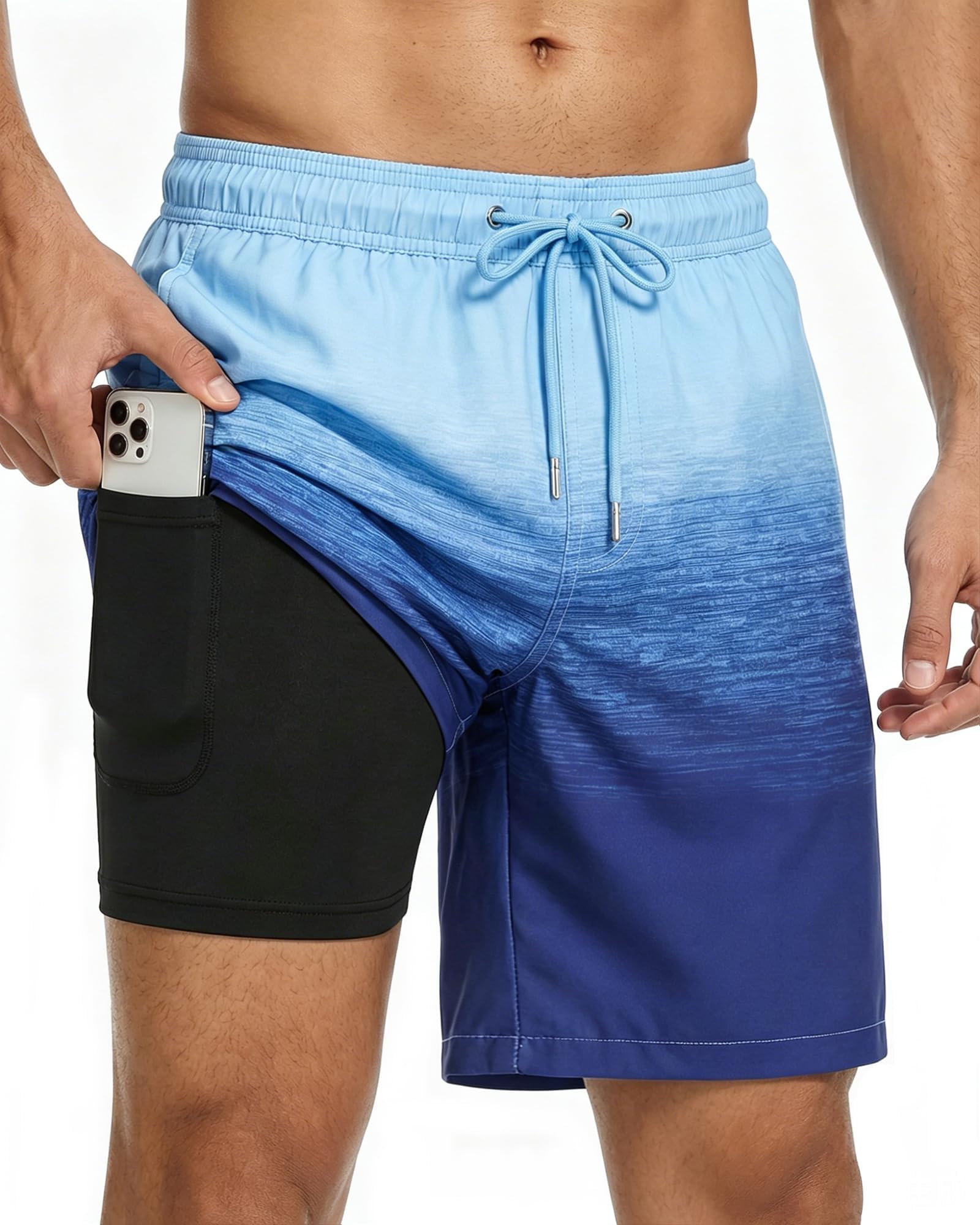 2 in 1 Mens Swim Trunks 7 Inch, Beach Swim Shorts with Pockets
