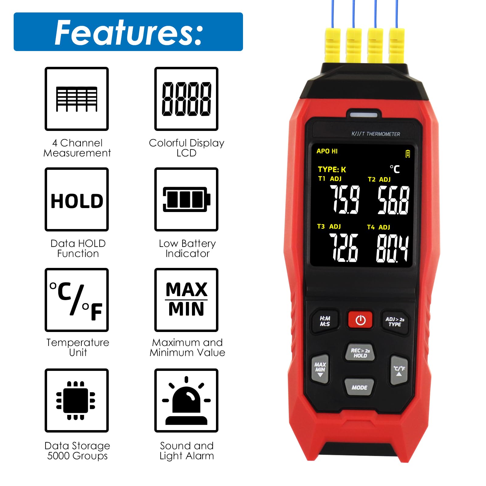 Termómetro digital de termopar de 4 canales tipo K/J, registrador de datos de temperatura con 5000 grupos de registros, alarma audible, apagado automático, rango de -200.0 °C a 1,371.7 °C, herramienta
