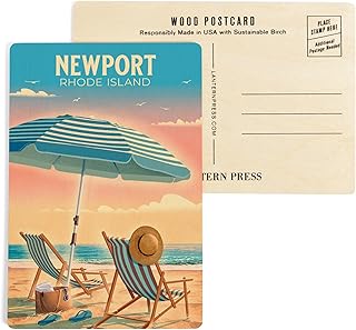 Newport, Rhode Island, Beach Chair and Umbrella (4x6 Birch Wood Postcards, 2-Pack Stationary, Rustic Home Wall Decor)