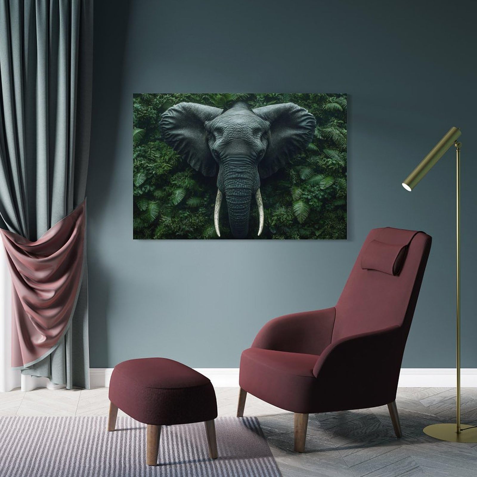 Junmoney Elephant Portrait in Lush Green Jungle Hanging Wall Art, 20x30inch(50x75cm), for Gallery Wall Decor And Room Displays, Home Wall Art for Statement Displays