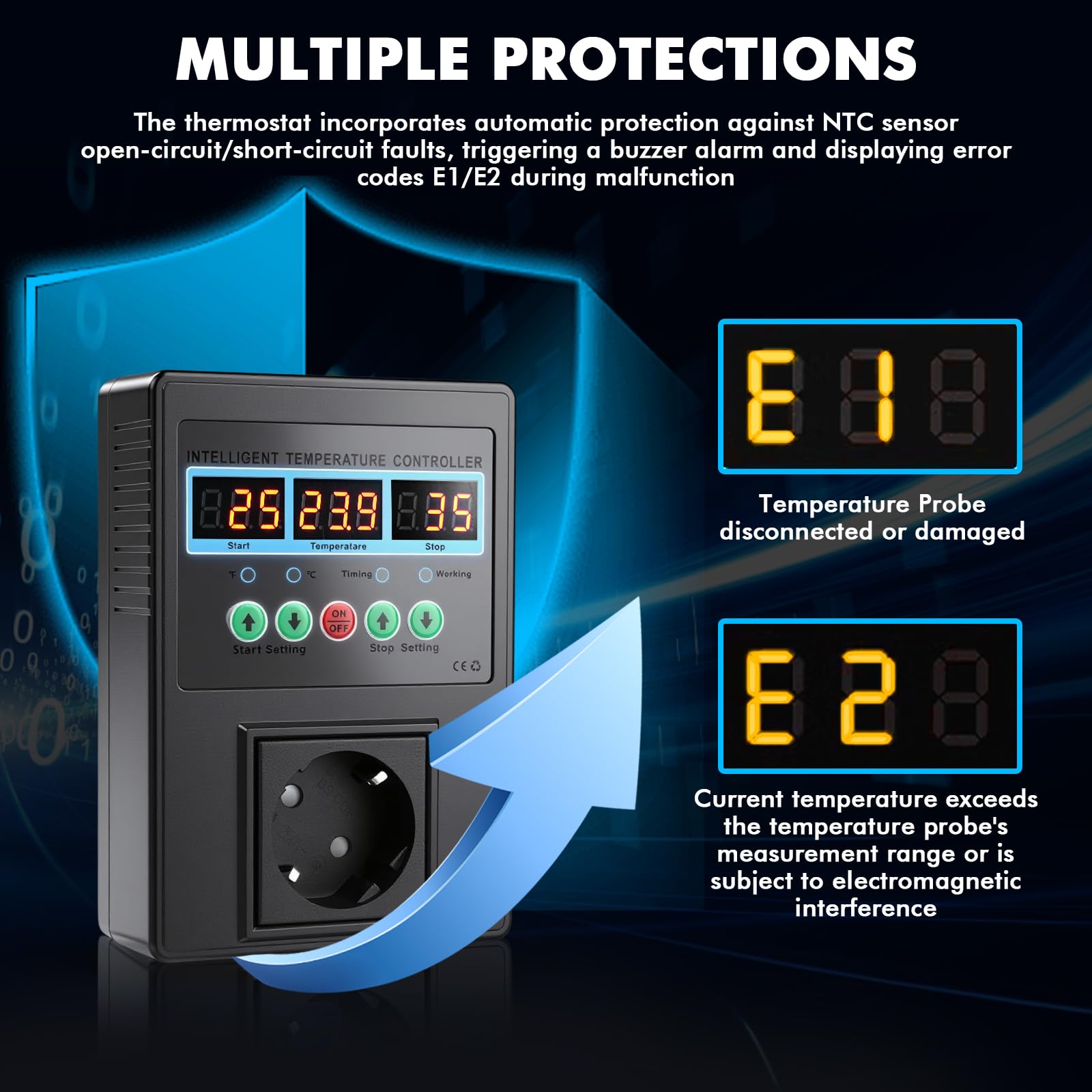 Enchufe termostato Digital 230V regulador de Temperatura 15A 1500W Enchufe termostato con sonda Modos de calefacción y refrigeración Temperature Controller pour Serre Aquarium Reptile