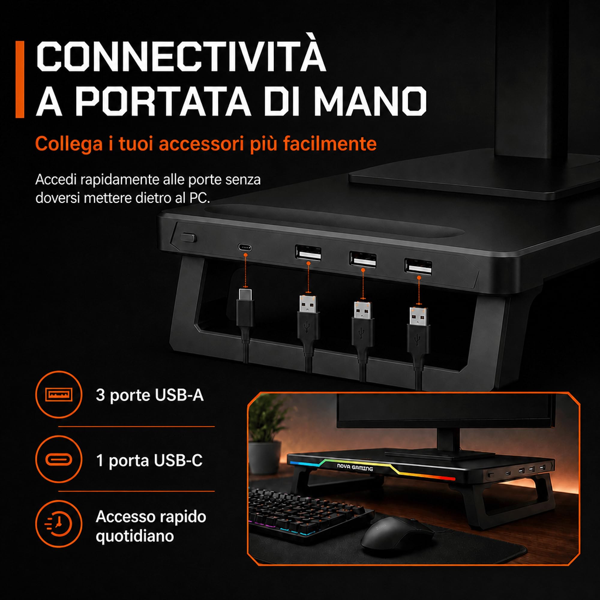 Nova Gaming – CELESTIUM – Rehausseur di Schermo RGB con Hub – Supporta Fino a 25kg – 3 Porte USB, 2 Porte USB-C – LED RGB Personalizzabile – Gaming, Ufficio, Ergonomia Avanzata