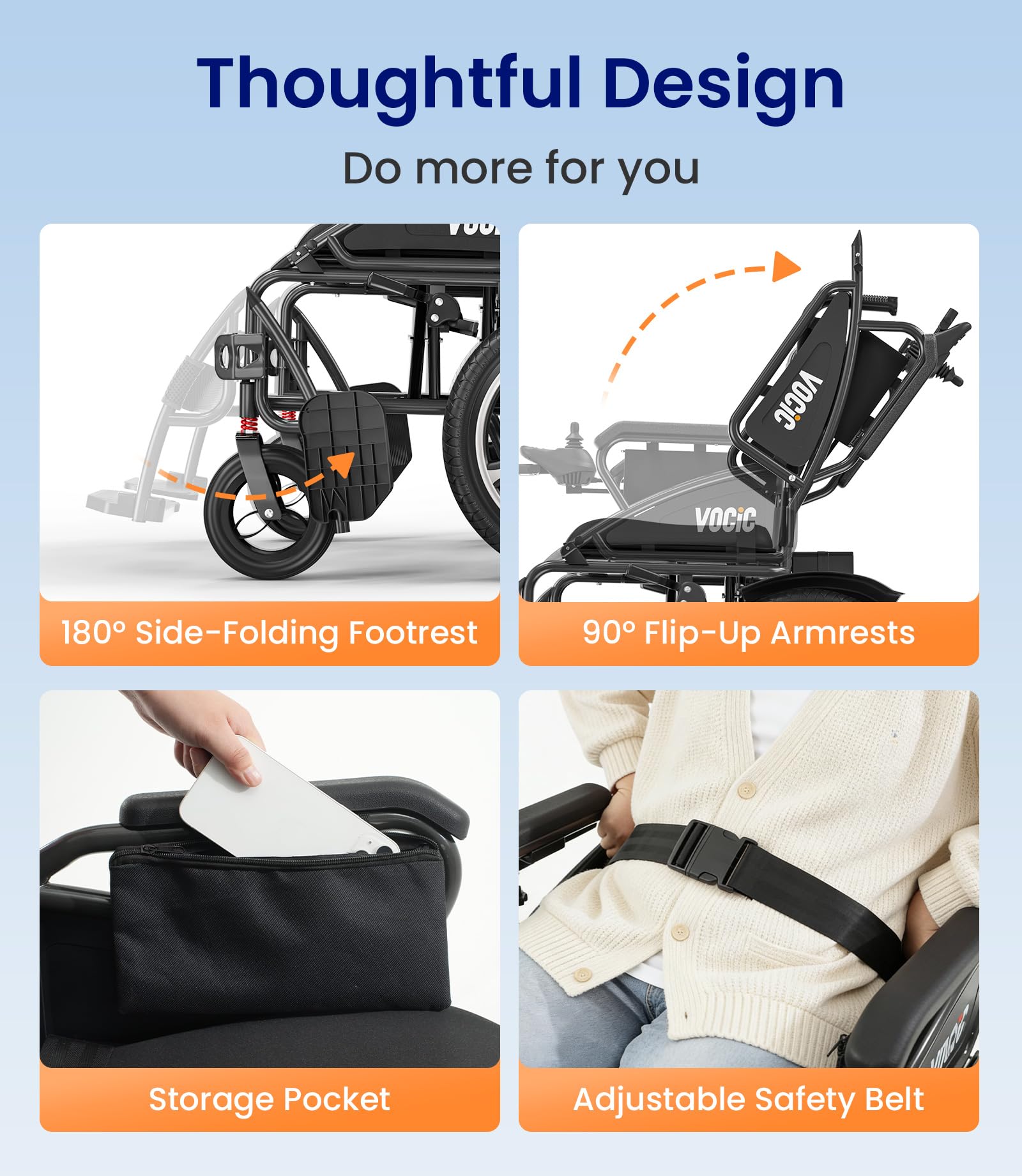 VOCIC V58 Sedia a rotelle elettrica, pieghevole, leggera, 42 chilometri | Sedia a rotelle elettrica, fino a 150 kg, con pneumatici in gomma per esterni, motore da 500 W, sedile 46 cm, grigio