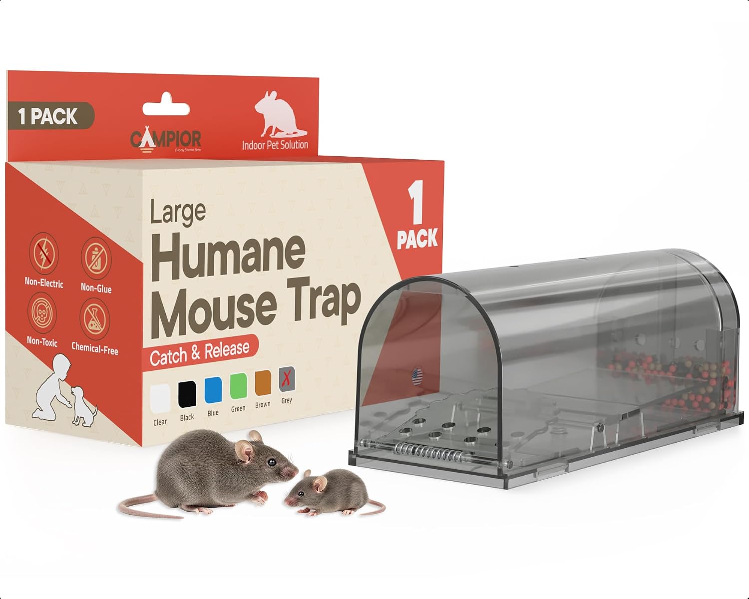 Campior Humane Mouse Trap Pack of 6, Live Mouse Traps Catch and Release for Indoors & Outdoors, Pet & Child Safe, 7.87" Reusable Plastic Mouse Cage with Spring Door, Cleaning Brush Included, Gray