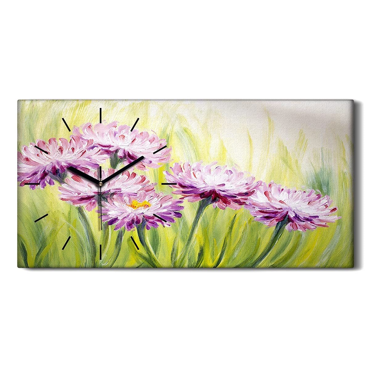 Horloge sur Toile Fleurs et Herbe 60x30cm - Cadre Silencieux pour Salon
