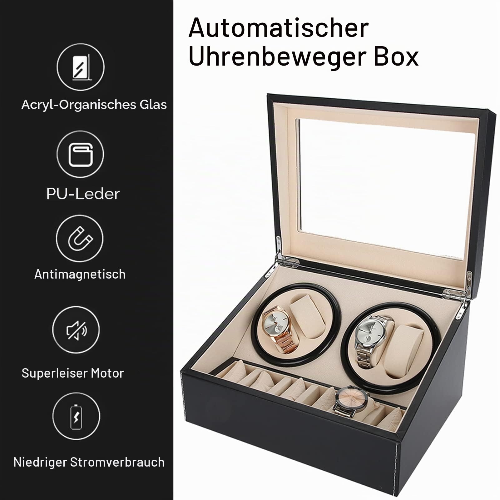 Uhrenbox automatische Uhrenbeweger Box mit 4 Uhrenbewe + 6 Uhren automatik Uhrendreher Elektrische Rotierende Uhrenaufbewahrungsbox mit leisem Motor PU Leder Automatikuhren Uhrenwender Watch Winder