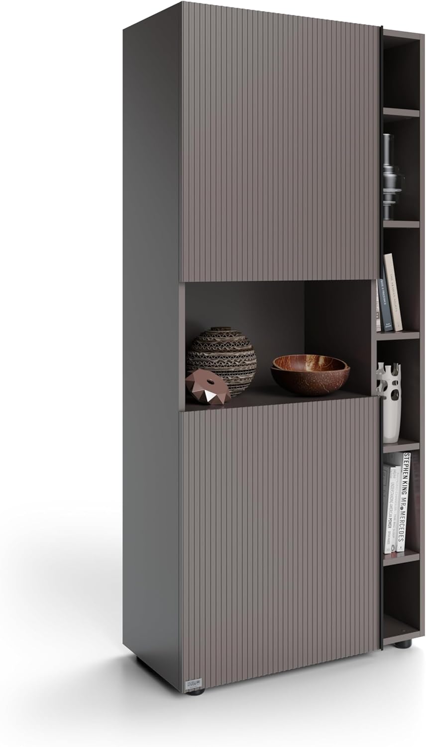 Mobili Fiver, Romina Modular Bookcase with Fluted Door (30.2 x 68.3 in), Slate Grey, Made in Italy
