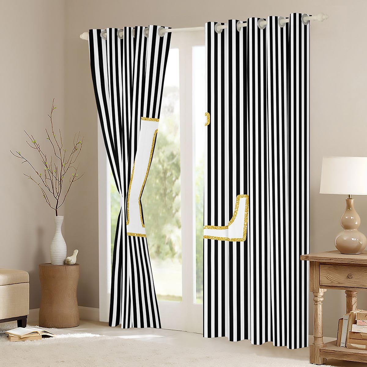 Homewish Firanki okienne w paski z inicjałem L 117 x 137 cm 2 zestawy paneli - zasłony zaciemniające czarno-białe abstrakcyjne zasłony okienne geometryczne stylowe monogram nowoczesne modne wzory