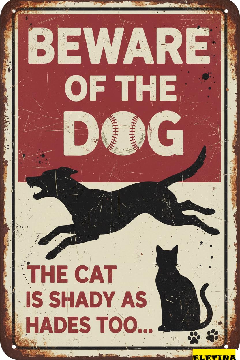 Beware Of Dog Cat Is Shady Too Tin Sign, 8x12 Inch