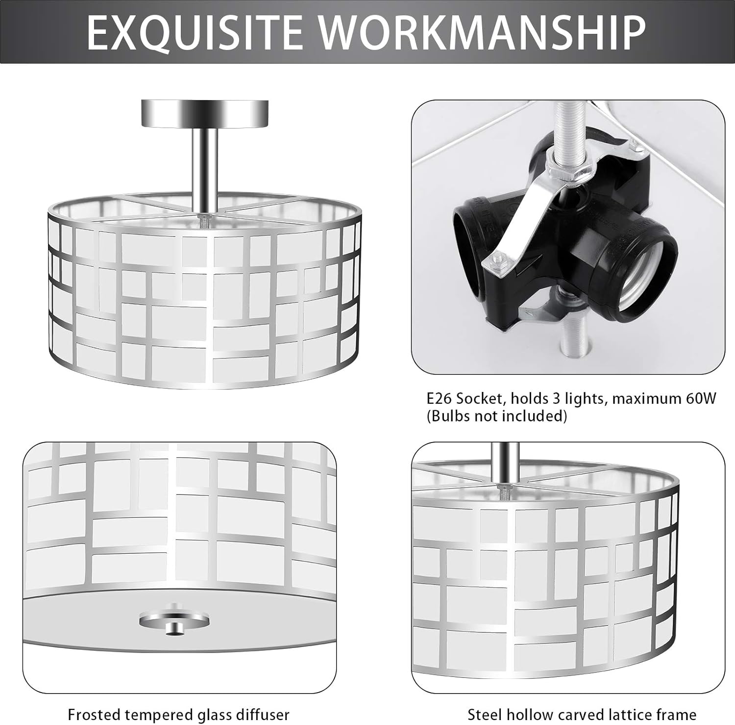 3-Light Semi Flush Mount Ceiling Light, Modern Hanging Kitchen Light Fixtures with Round Drum Steel and Glass Shade, Chrome Close to Ceiling Light Fixtures for Bedroom, Living Room by PARTPHONER : Everything Else