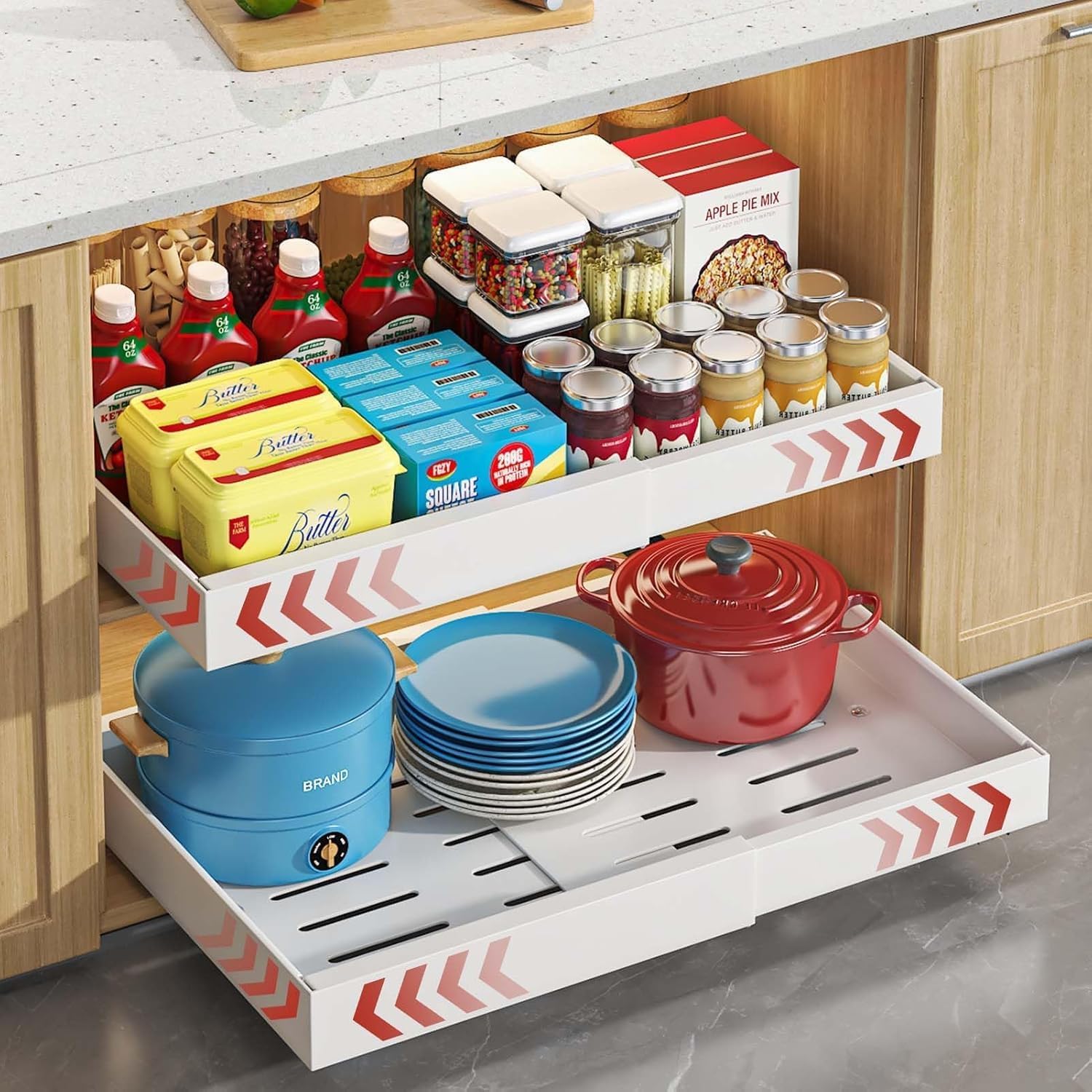 2 Pcs Expandable Pull Out Cabinet Organizer Adhesive, Peel And Stick Slide Out Drawers for Kitchen Cabinets, Cabinet Pull Out Shelves For Kitchen Pantry Organization Adjustable Width (32-52cm)