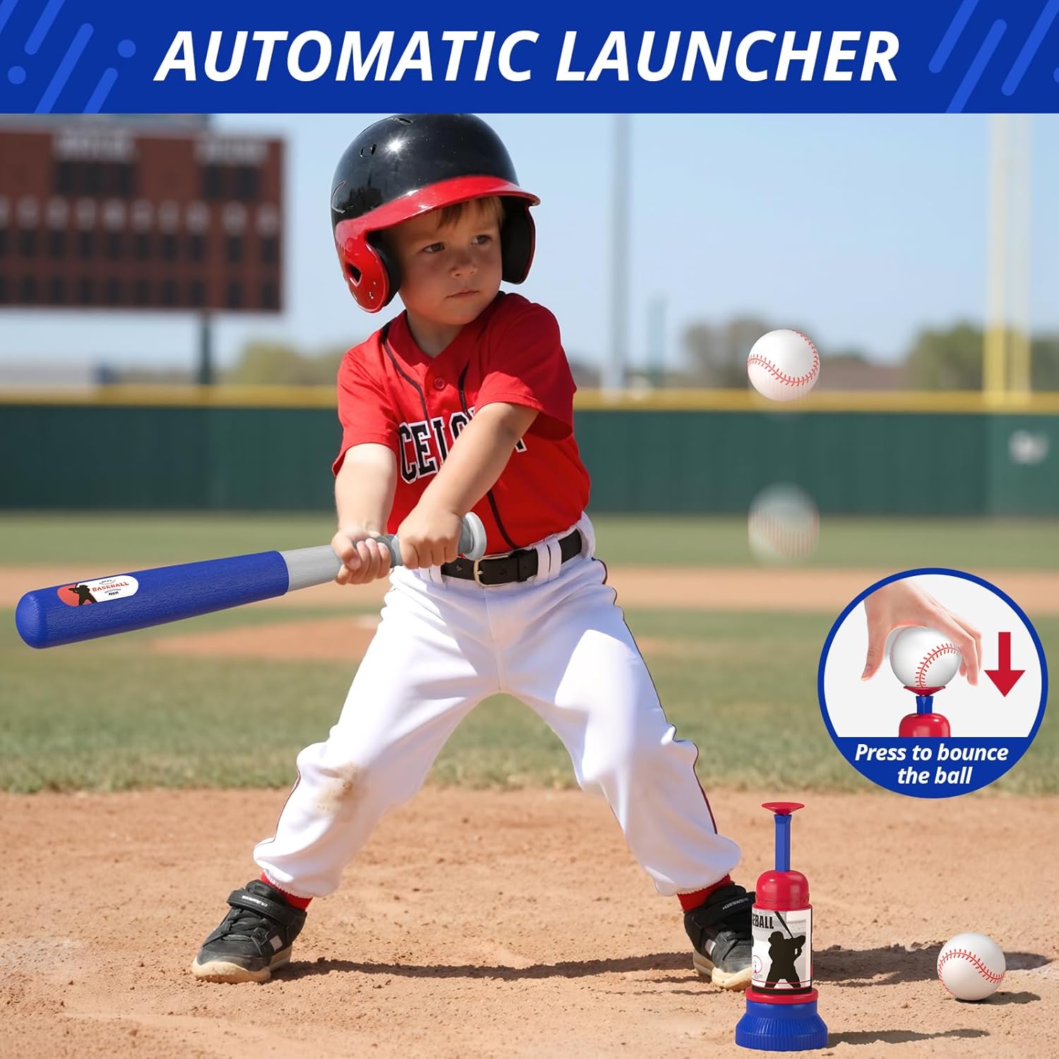 3-in-1 Baseball Set for Kids 3-5 - Tee Ball Stand, Hanging Tee, Ball Launcher and 6 Softballs - Adjustable Height, Indoor/Outdoor Sport Gifts for Boys Girls, Blue - Image 4