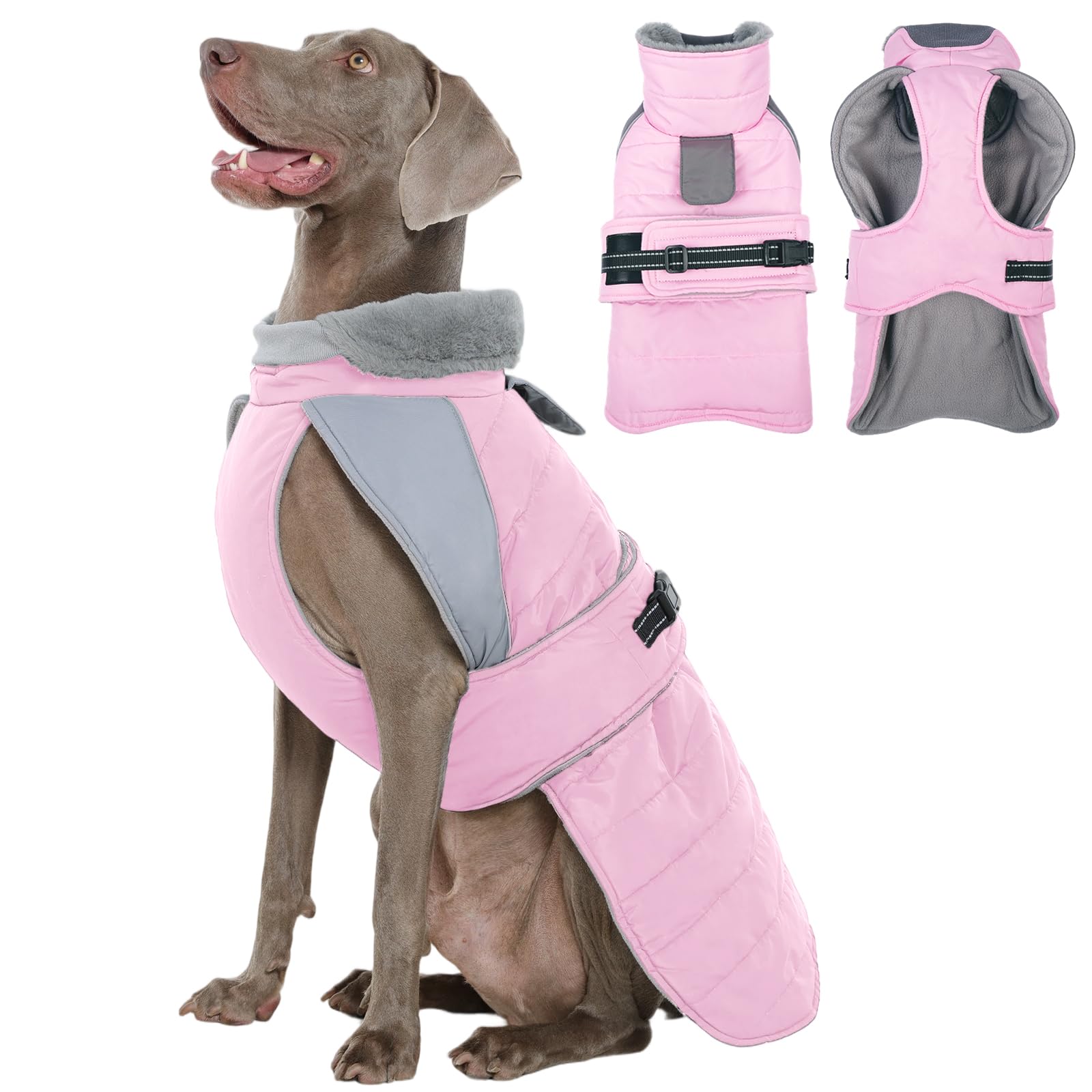 Kuoser Dog Coat Warm, Reflective Adjustable Cold Weather Jacket, Pink 3XL