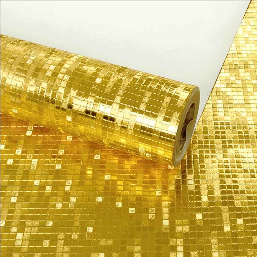 Q QIHANG 1.73' W x 32.8'L Small Gold Foil Lattice Mosaic Reflective Modern Style KTV Bar Wall Paper PVC Non-Pasted Wallpaper (Gold)