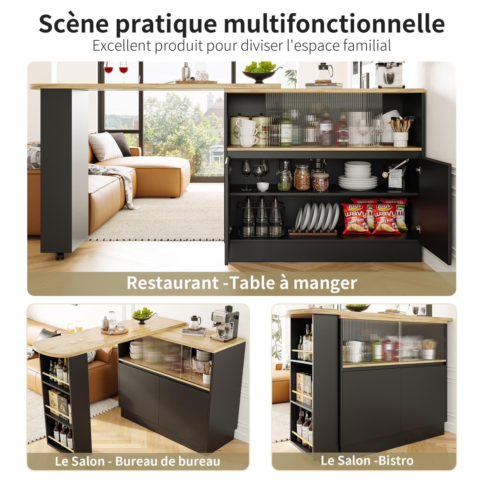 KOMHTOM Table de Bar Extensible avec Espace de Rangement, Meuble Bar avec 2 Portes en Verre, Rotation Libre à 360 °, étagères latérales (Noir)