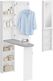 HOMCOM Mueble de Plancha con Espejo, Tabla de Planchar Plegable, Mueble Planchador con 6 Compartimentos, 2 Ganchos, para Espacios Reducidos, 107x35x174 cm, Blanco