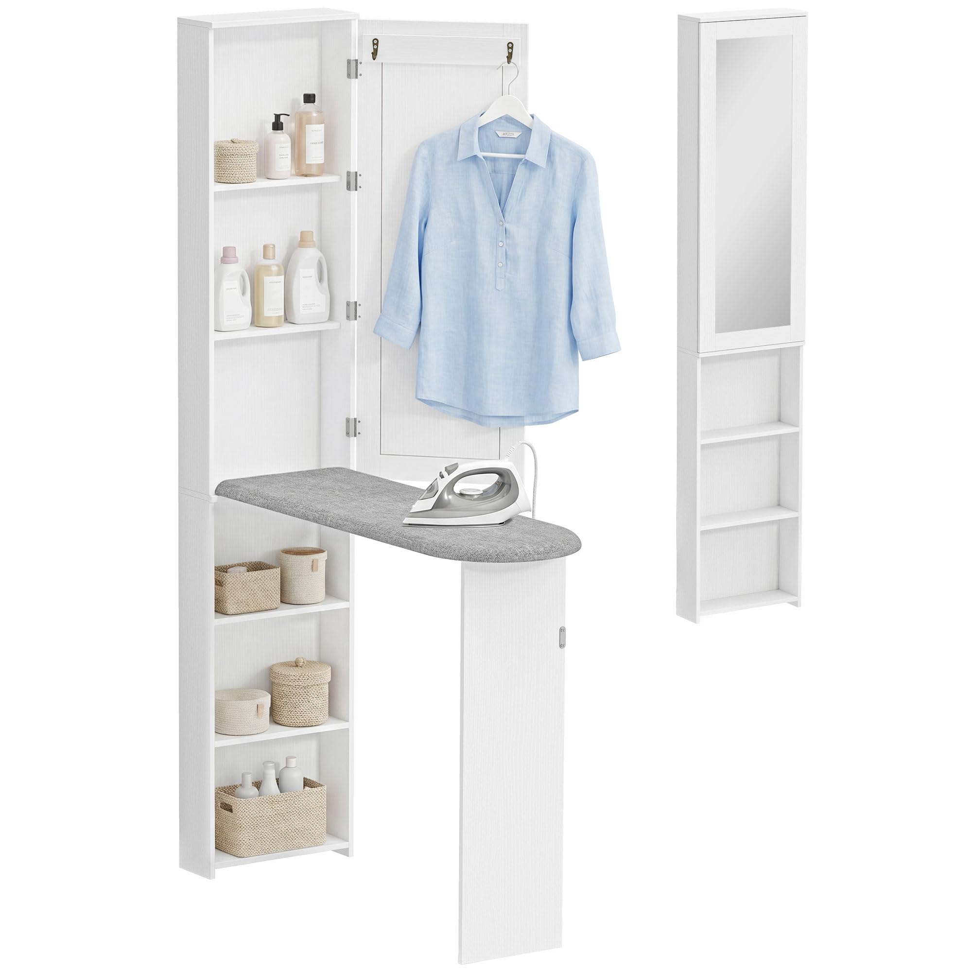 HOMCOM Armadietto pieghevole per asse da stiro con porta, scaffali interni, specchio, salvaspazio, per la cura della biancheria, per lavanderia o piccoli spazi, 106 x 35 x 174 cm, bianco