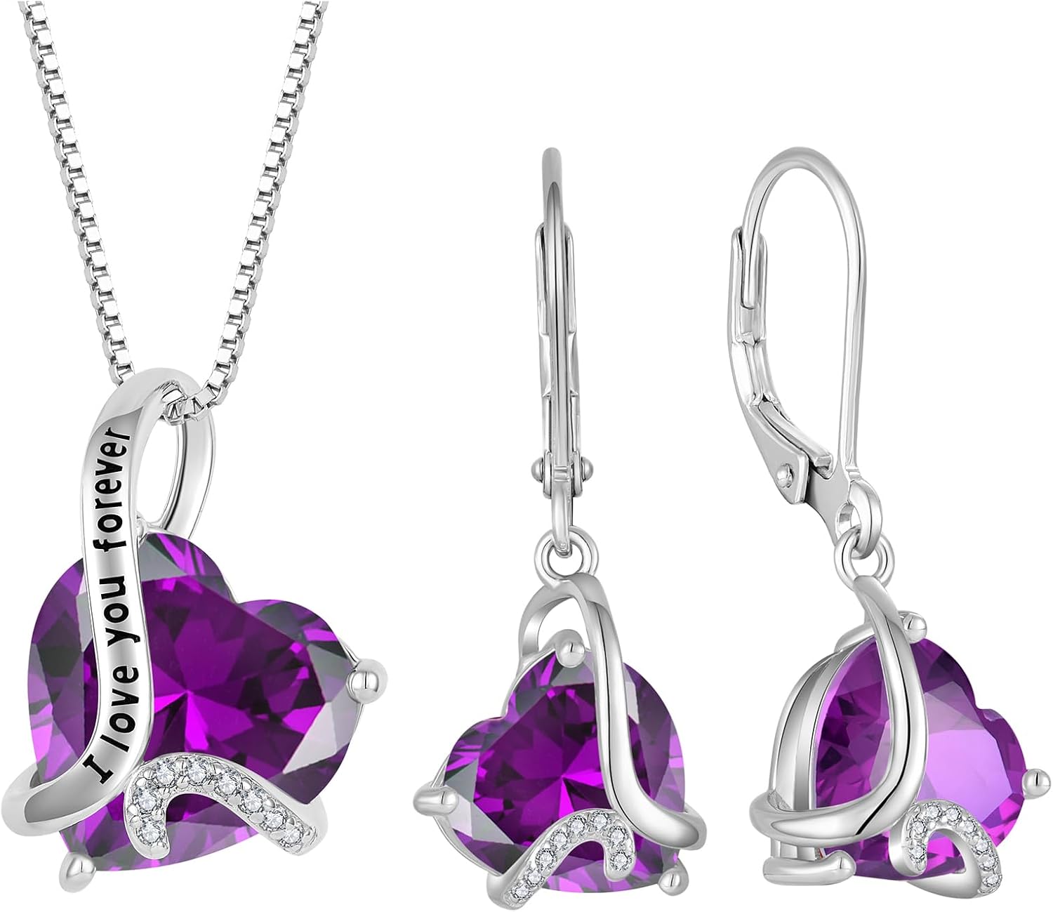 Heart February Birthstone Amethyst Jewelry Set - "I Love You Forever" Engraved Purple Pendant Necklace & Drop Earrings Hypoallergenic Jewelry for Women Valentine's Day Birthday Mother's Day