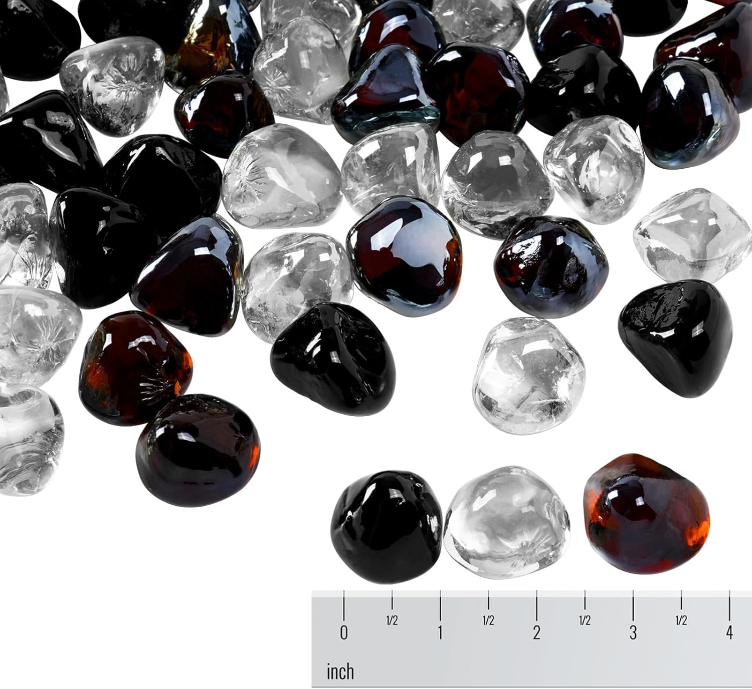 Blended Fire Glass Diamonds for Propane Firepit, Fireplace and Outdoor Decorative, 1 Inch Firepit Glass 10LB (Crystal Ice +Onyx Black + Amber)