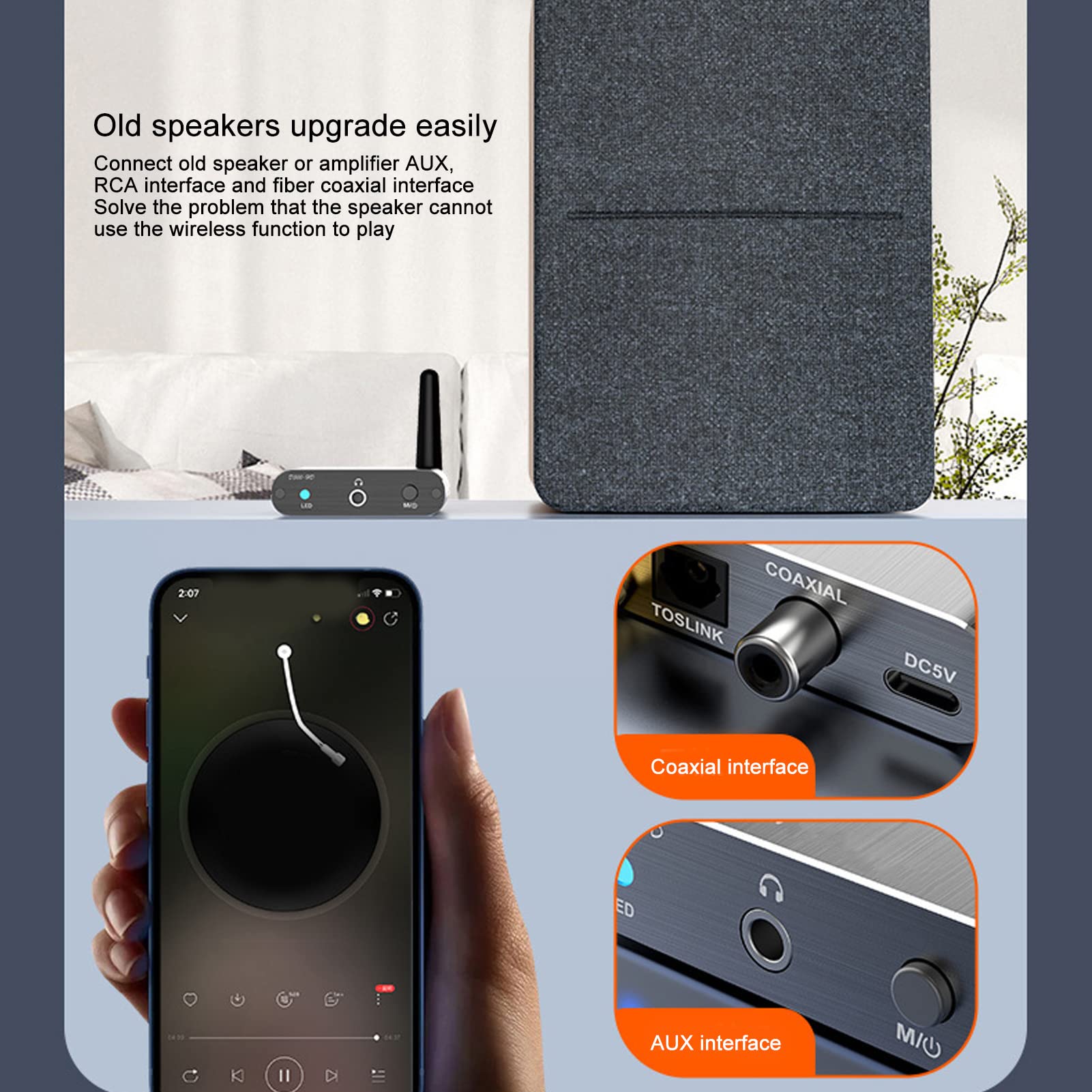 Receptor Bluetooth 5.2, Adaptador de Audio Bluetooth HiFi con Baja Latencia APTX, Receptor de Audio Bluetooth de Largo Alcance con Salida Coaxial óptica AUX para Altavoces