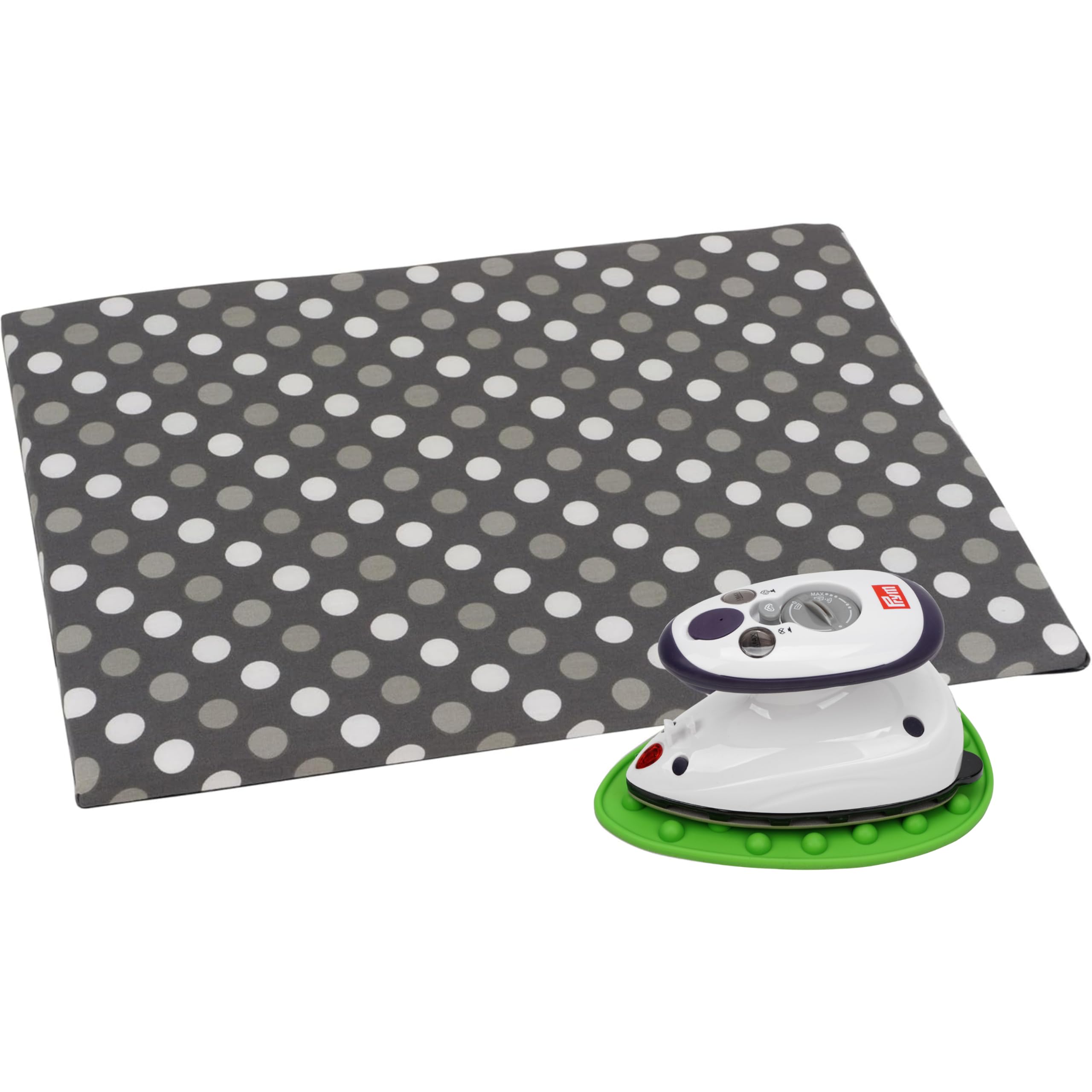 SEMPLIX Bügel Set – Bügelunterlage mit rutschhemmender Rückseite 30 x 40 cm, Mini Bügeleisenablage 10,5 x 15,5 cm, Prym Mini Dampf Bügeleisen (grün)