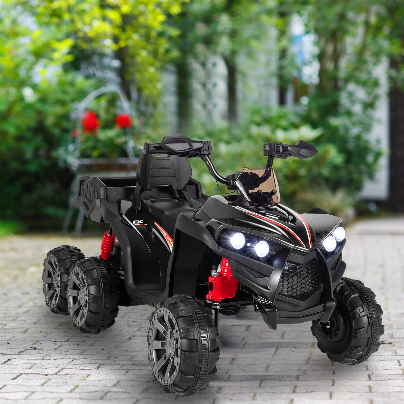 GOPLUS Voiture Electrique Enfants 12V avec 6 Roues 3-6 km/h, Quad Electrique Enfants à Batterie 3-8 Ans Lumières LED, Musique Charge 30KG (Noir)