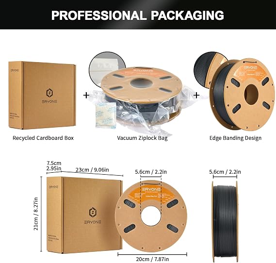 ERYONE Carbon Fiber Filament PLA, PLA-CF 3D Printer Filament No Warp Enhanced Toughness, +/- 0.03mm Accuracy 1KG Cardboard Spool(2.2LBS), Black