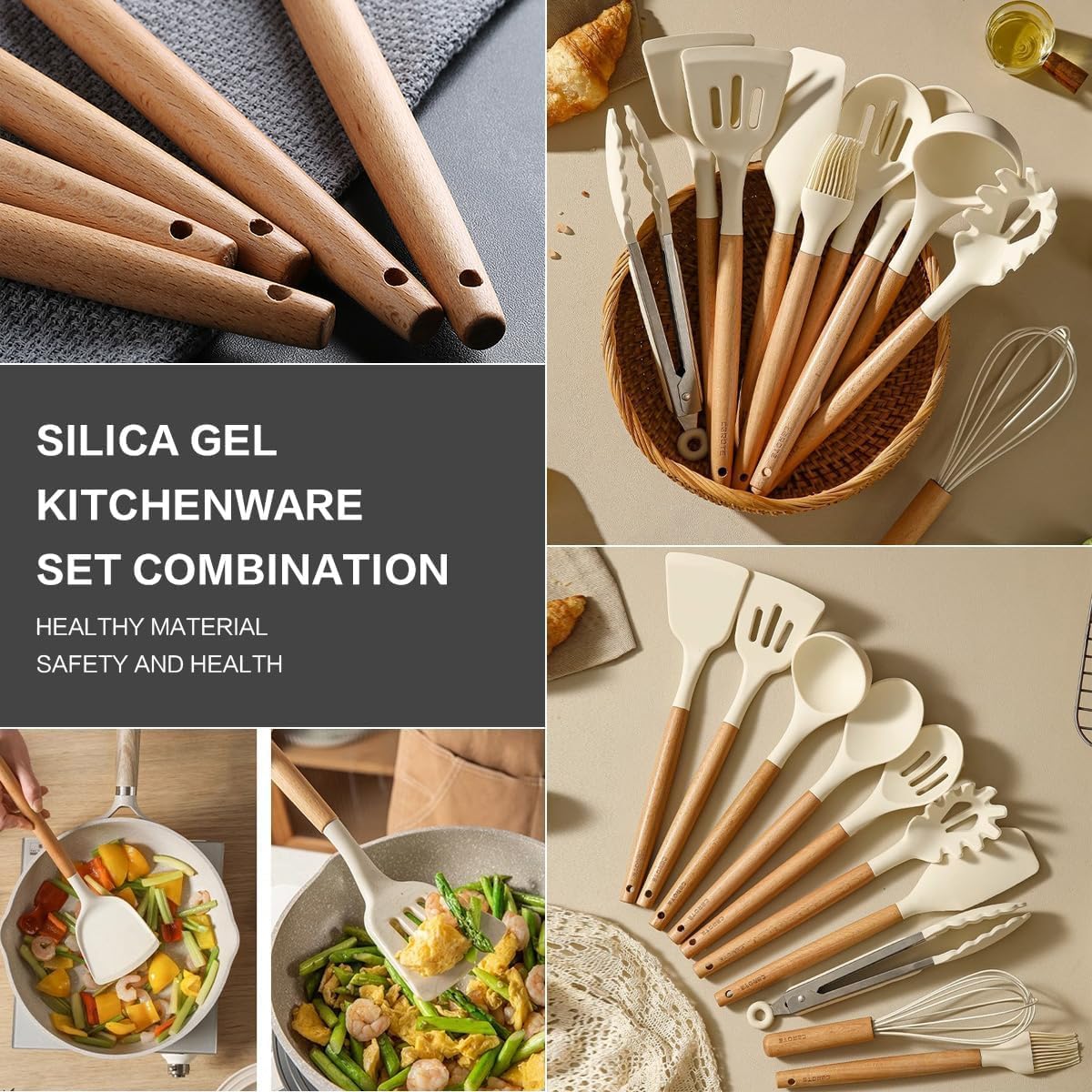 12 pcs Silicone Cooking Utensils Kitchen Utensil Set with Holder Heat Resistant Silicone Spatula Turner Set Wooden Spoons Kitchen Gadgets Tools Cooking Utensils for Nonstick Cookware