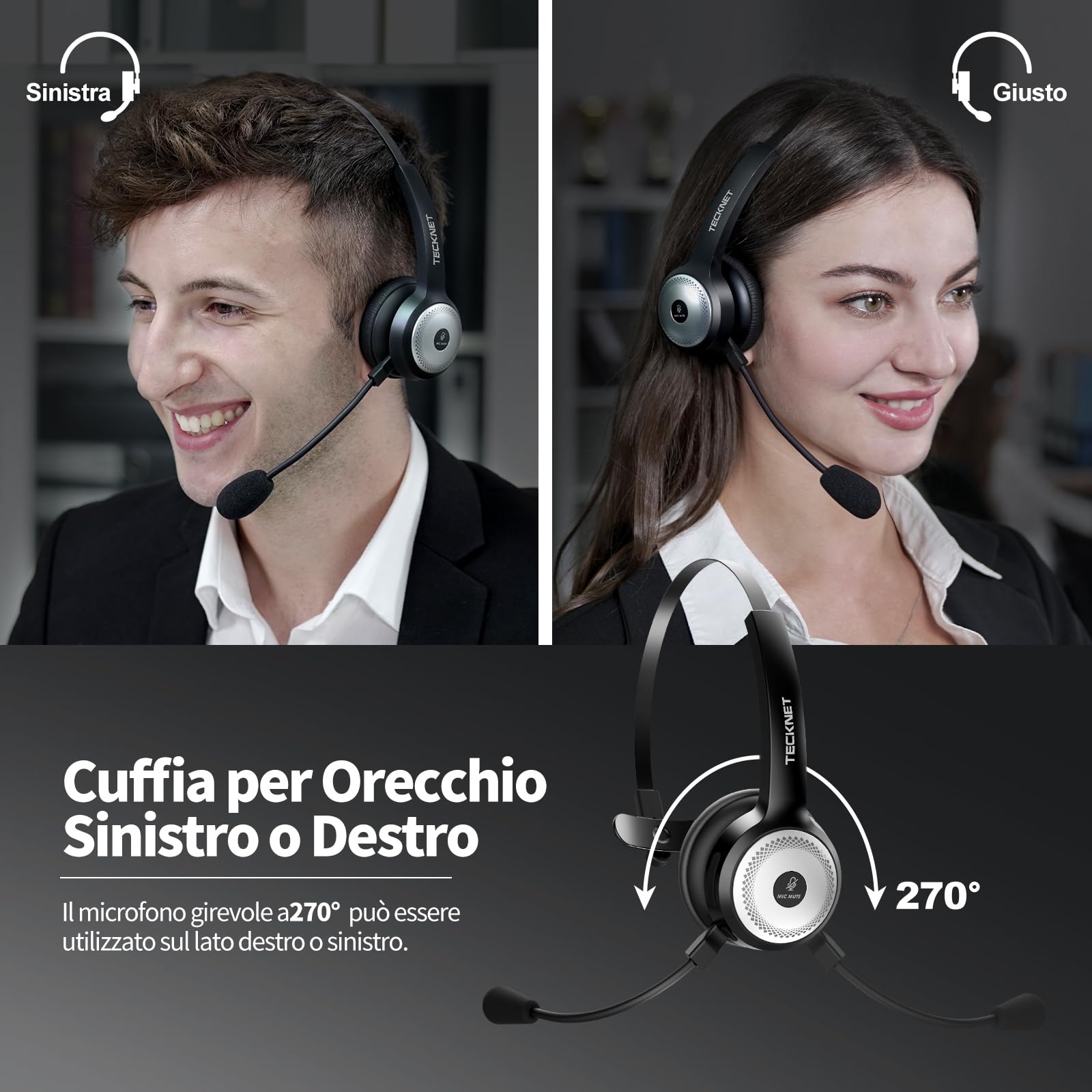 TECKNET Cuffie Bluetooth Senza Fili con Microfono, Cuffie Wireless per PC con Cancellazione del Rumore AI, Cuffie sull'orecchiocon Stazione di Ricarica, per Camionista, Ufficio, Call Center