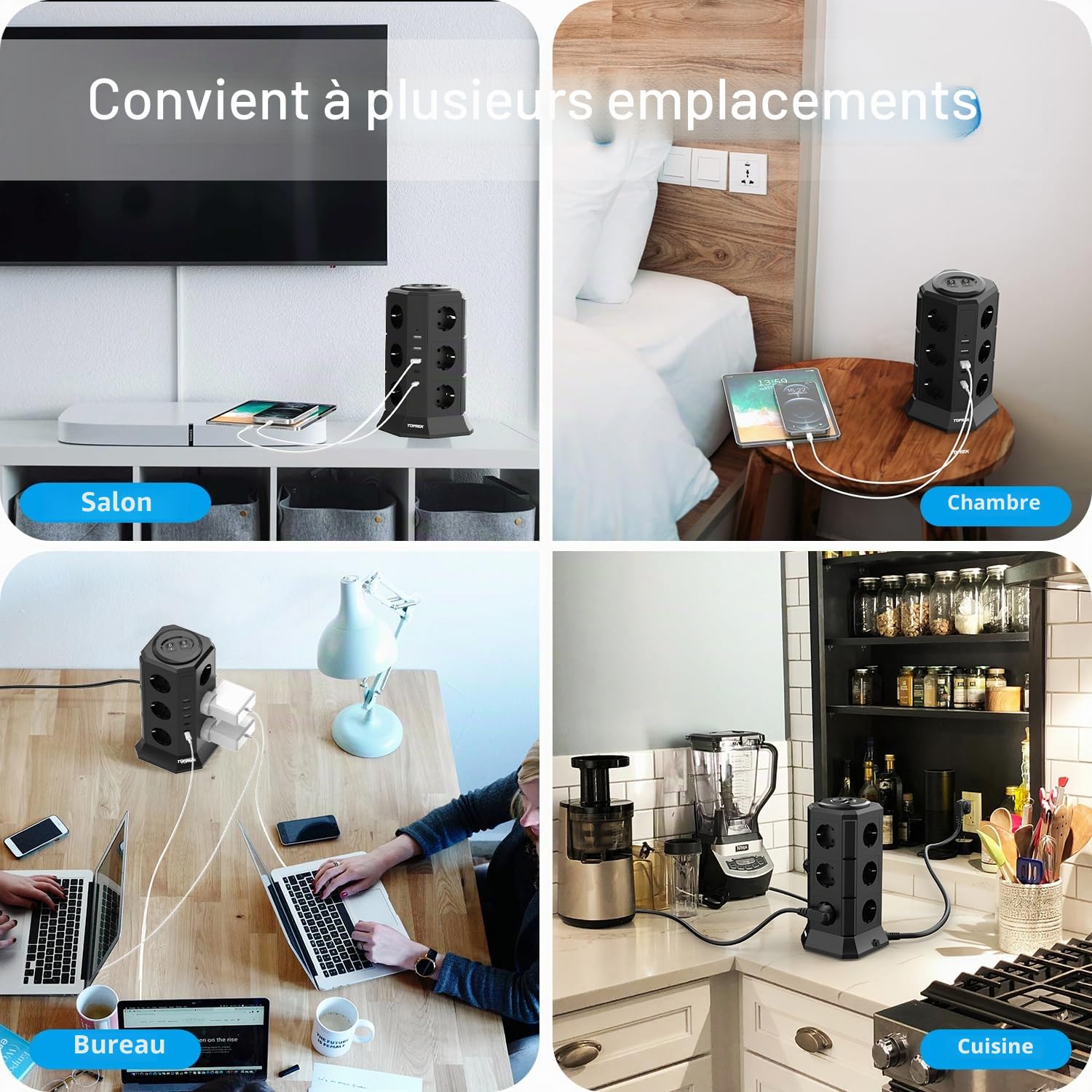 TOPREK Tour Multiprise avec Interrupteur Parafoudre, 12 Prises, 5 USB, Cube