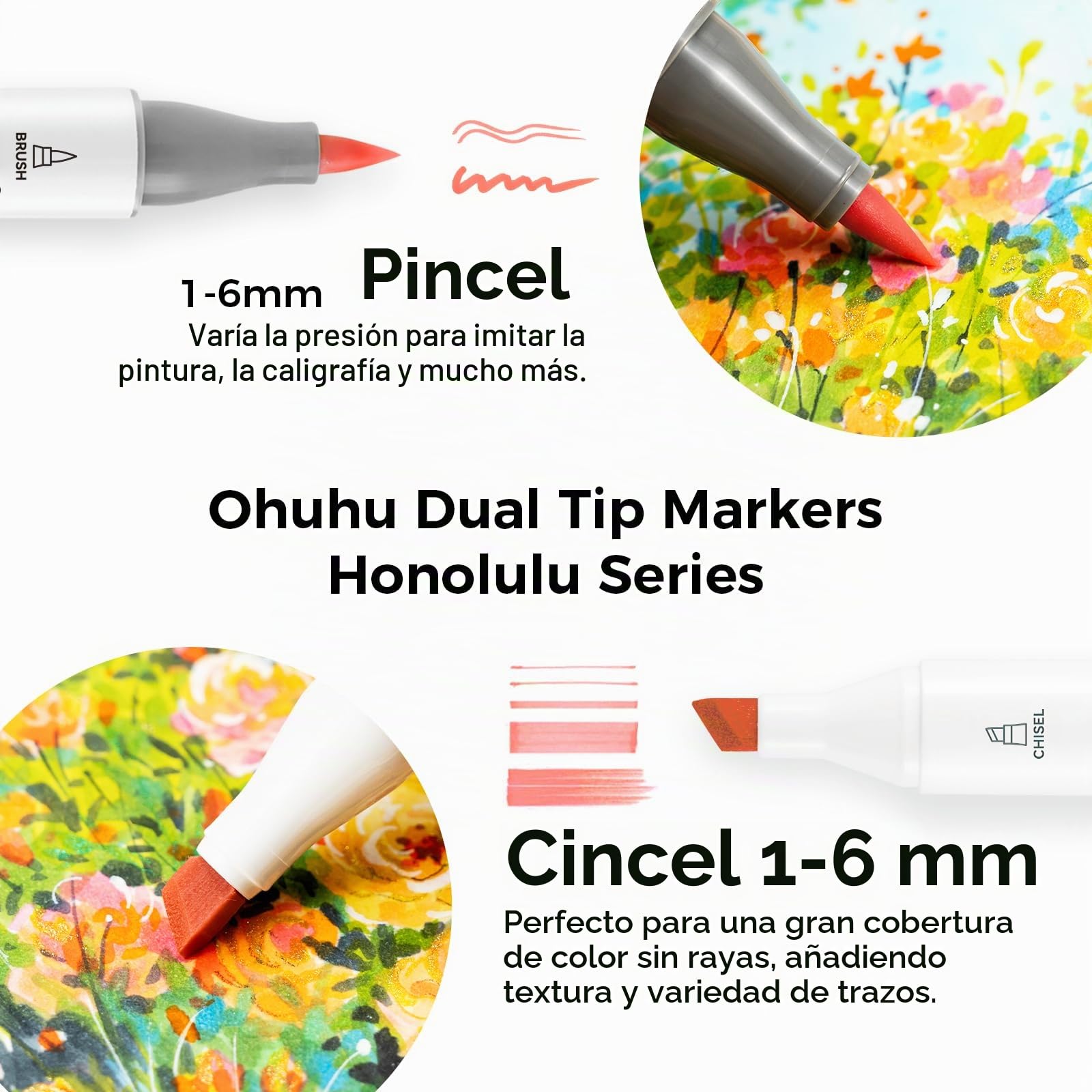 Ohuhu Rotuladores Alcohol 48 Pincel & Cincel con Estuche & Mezclador | Doble Punta Mezcla Fácil & Sin Manchas Secado Rápido para Ilustración Caligrafía & Bocetos AP Certificado - Honolulu