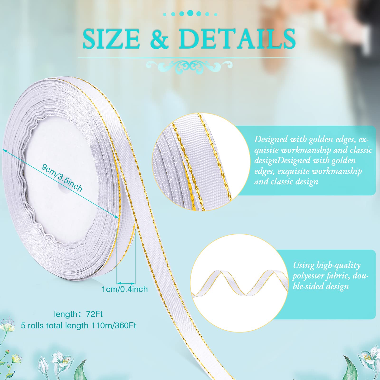 5 rollos de cinta de satén blanco con borde dorado de 120 yardas de cinta de satén de doble cara con bordes dorados para decoración de fiestas, hogar, regalos, manualidades 2