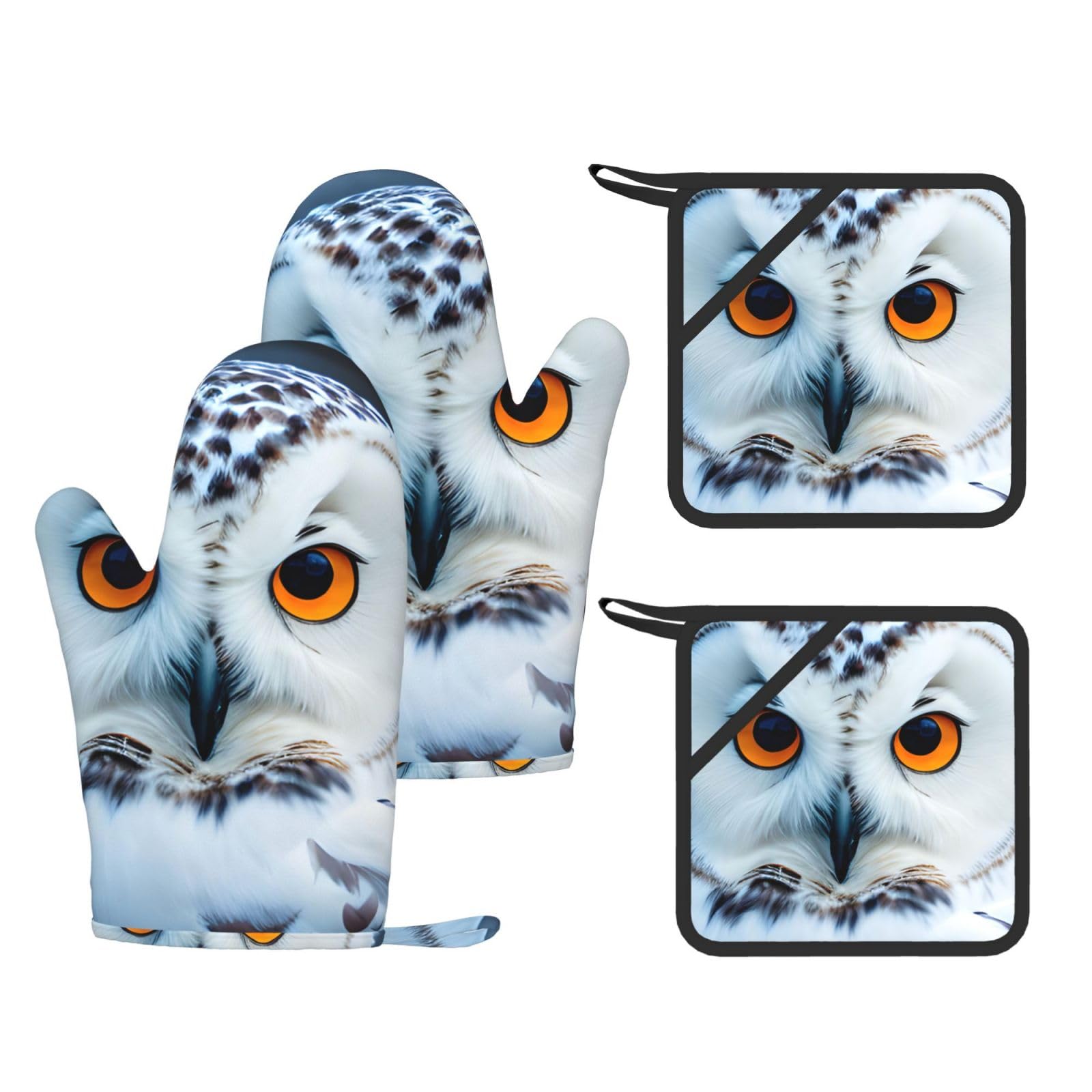 Nimongt Black Snowy Owl Eyes Print Heat Resistant Gloves Pads Reusable Kitchen Set Oven Baking Grilling Cooking