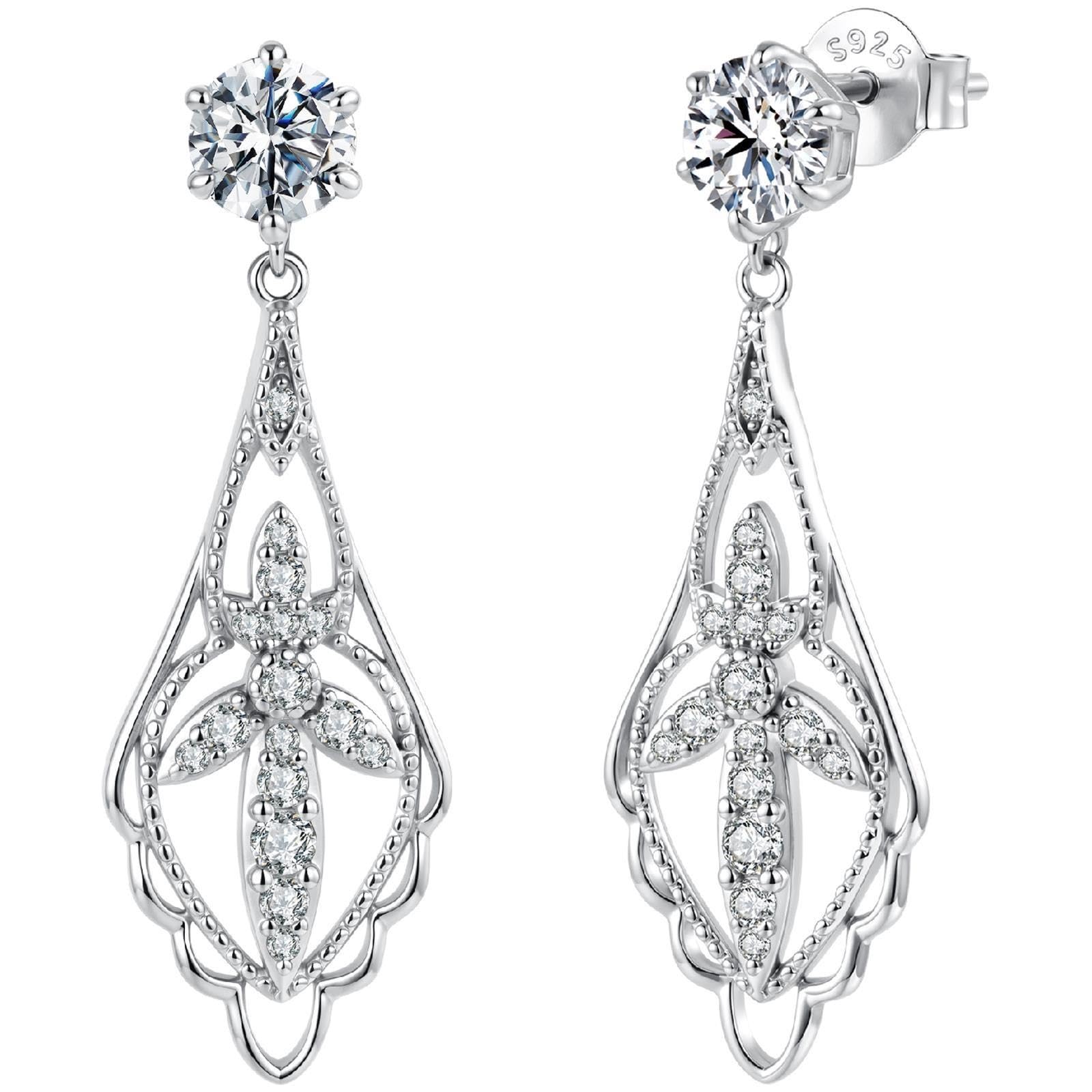 S925 srebro 0,5 ct Moissanite Vintage kwiatowe ślubne kolczyki dla kobiet - francuskie kolczyki w stylu retro dla wrażliwych uszu, codzienne biuro dla nowożeńców