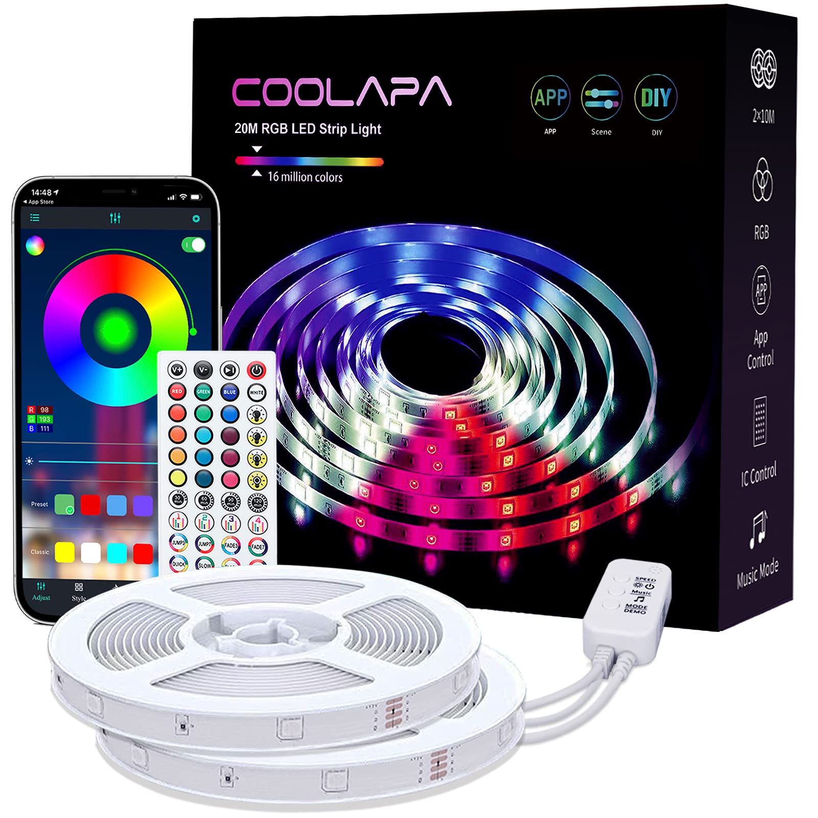 Led Strip Light, COOLAPA 20M (65.6 FT) RGB Strips Lighting, with Remote & Box for Bedroom Home Kitchen, Decoration, APP Control Light Strip with Bright 5050 LEDs, 2pc x 10m
