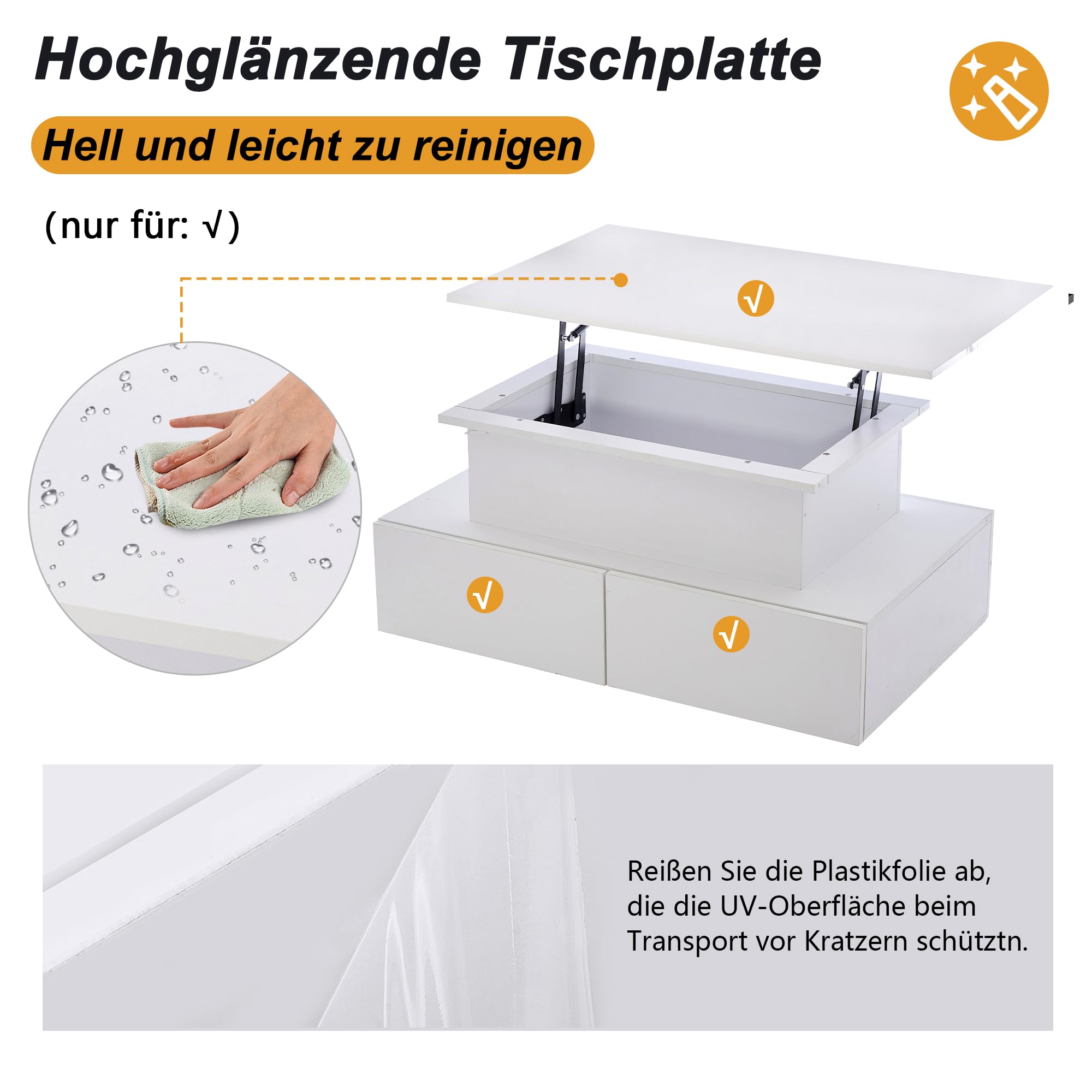 Merax Couchtisch mit Höhenverstellbarer Platte, Moderner Hochglanz Wohnzimmertisch mit LED, Sofatisch Kaffeetisch mit 4 Schubladen, Versteckter Stauraum, Rechteckig Mitteltisch Beistelltisch, Weiß