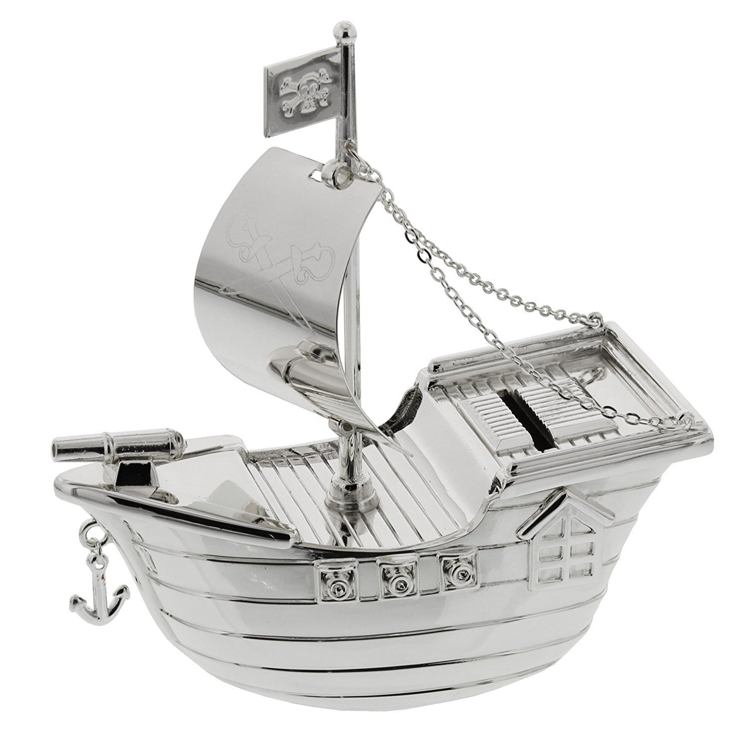 Personalised Silver Plated Money Box - Pirate Ship - Engraved with a message of your choosing making this a great christening or Birthday gift.