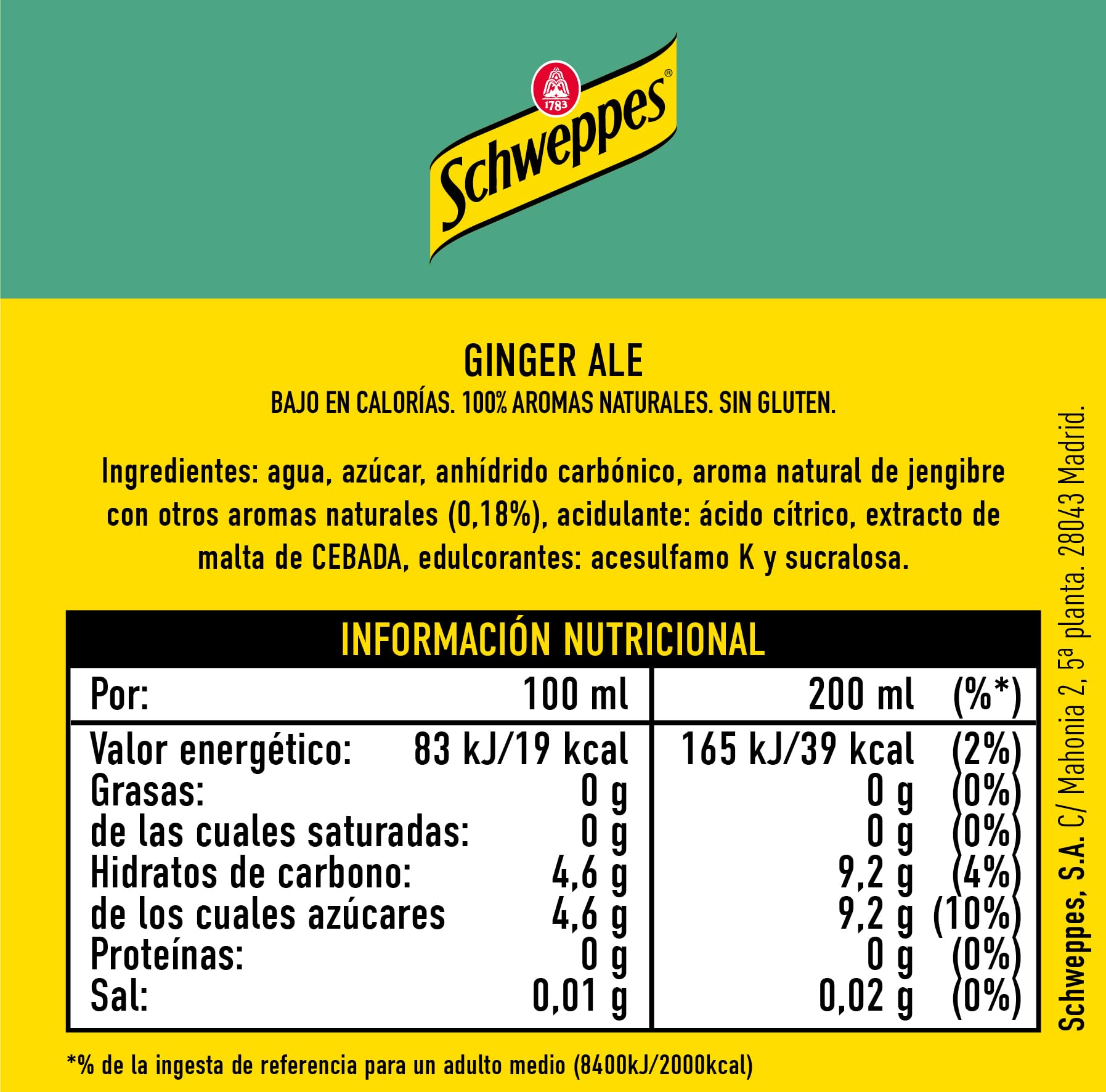 Schweppes Ginger Ale Bebida Jengibre Refrescante Botella PET Pack 12 x 1 L