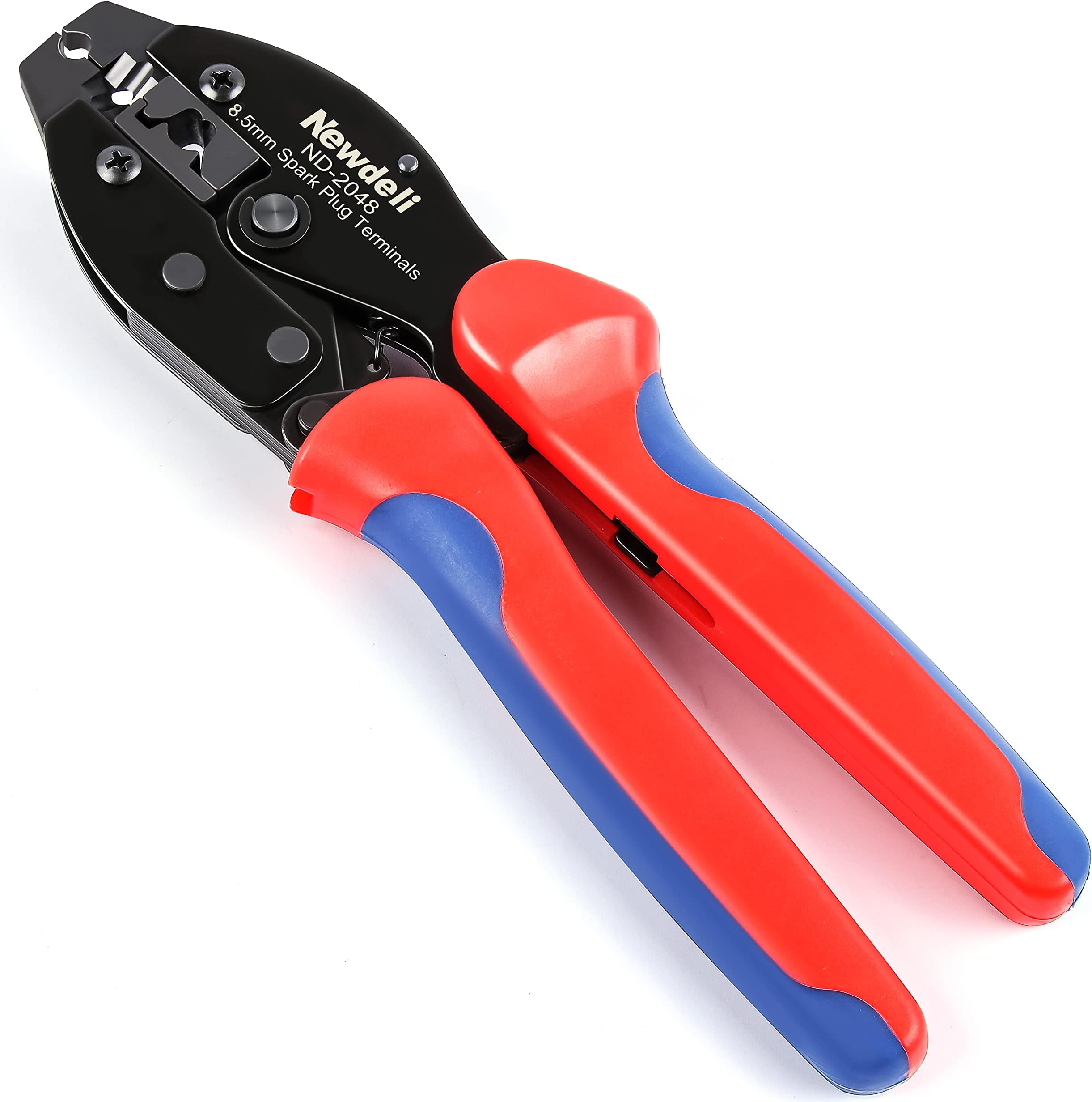 Spark Plug Wire Crimper, Newdeli Crimping Pliers for Spark Plug Stripping Tool, ND-2048 for Crimping and Stripping Spark Plug Wire, Dia 8.0-8.5mm,Ratchet spark plug wire crimping tool